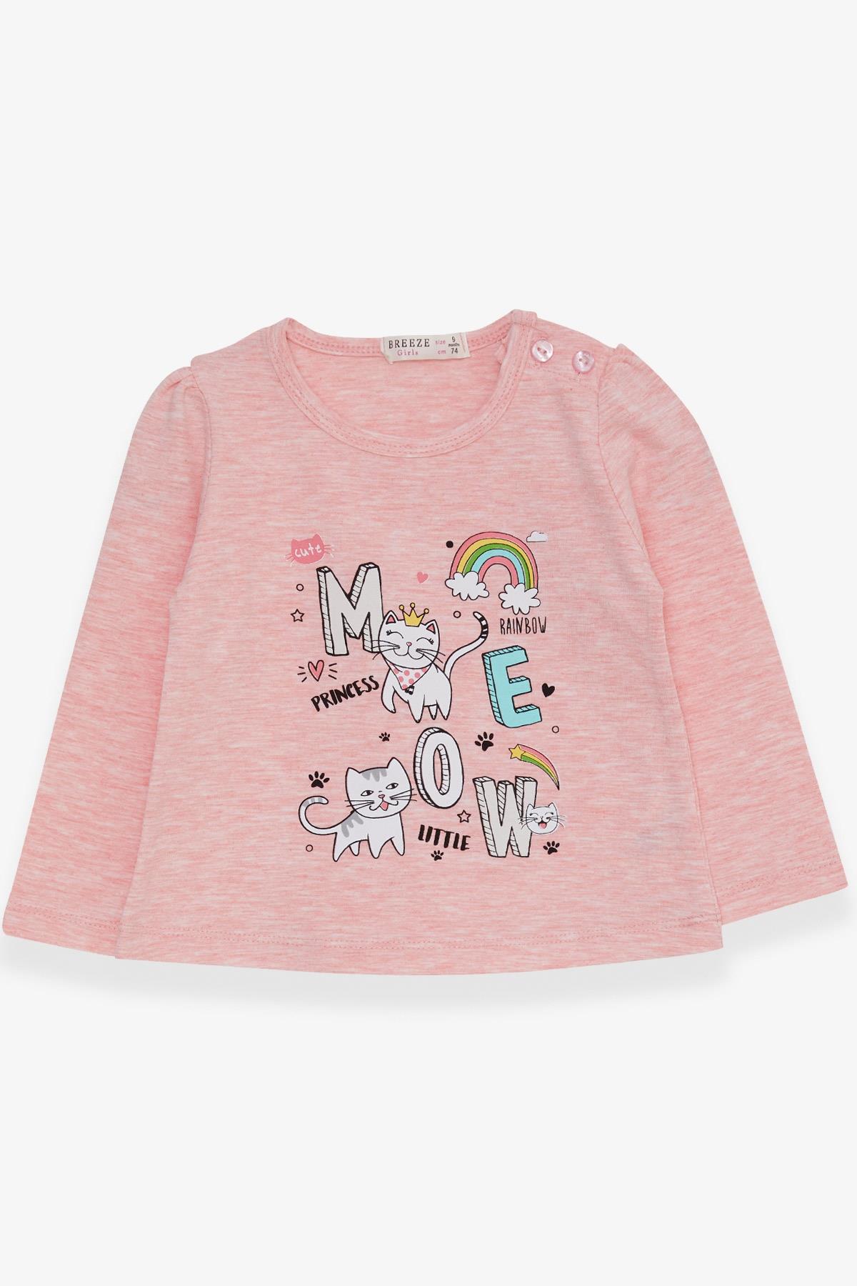 Breeze Kız Bebek Uzun Kollu Tişört Kedicik Baskılı Somon Melanj (9 Ay-3 Yaş)