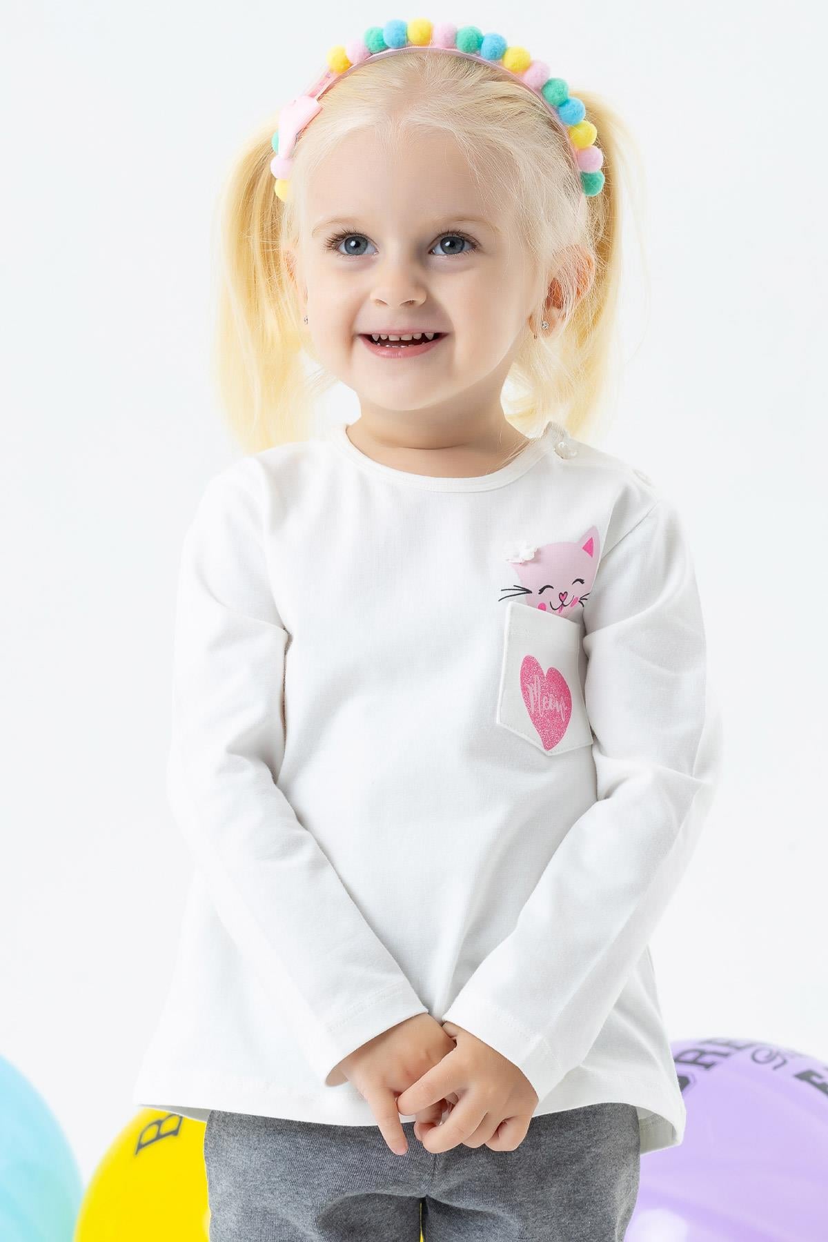 Breeze Kız Bebek Uzun Kollu Tişört Kedi Baskılı Ekru (1.5 Yaş)