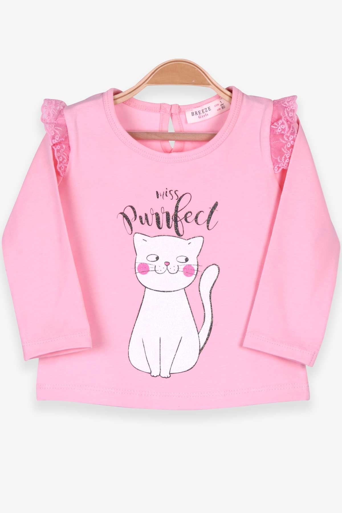 Breeze Kız Bebek Uzun Kollu Tişört Kedi Baskılı Simli Pudra (9 Ay-3 Yaş)