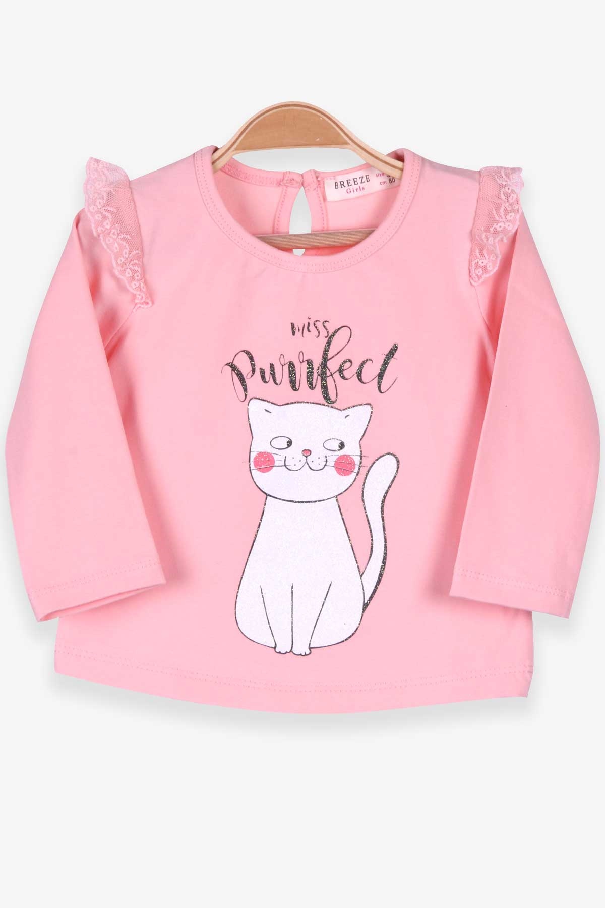 Breeze Kız Bebek Uzun Kollu Tişört Kedi Baskılı Simli Somon (9 Ay-3 Yaş)