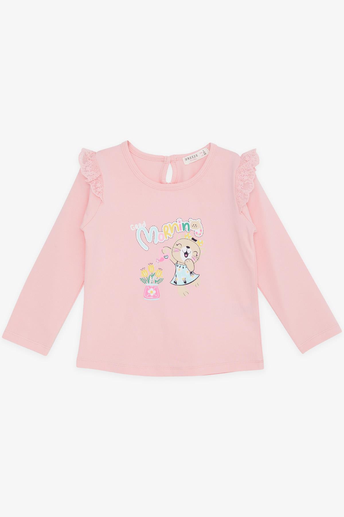 Breeze Kız Bebek Uzun Kollu Tişört Neşeli Kedicik Baskılı Nakış Güpürlü Pembe (9 Ay-3 Yaş)