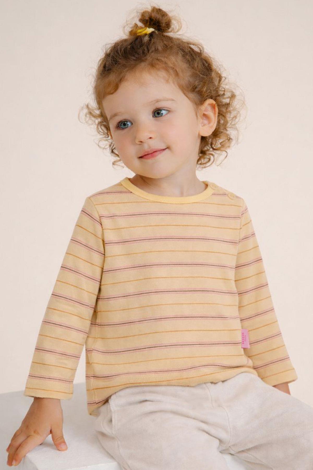 Breeze Kız Bebek Uzun Kollu Tişört Patlı Renkli Çizgili Krem (9 Ay-3 Yaş)