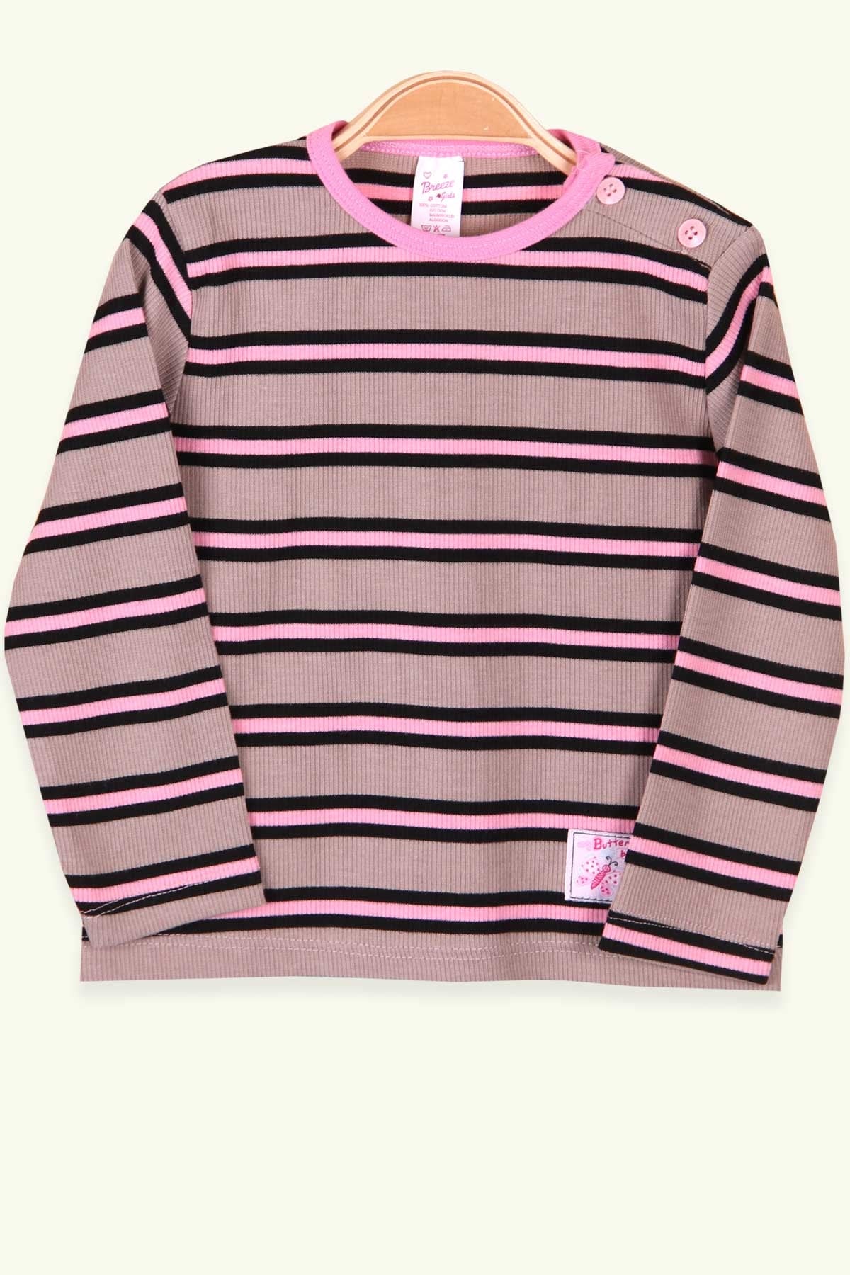 Breeze Kız Bebek Uzun Kollu Tişört Patlı Çizgili Vizon (9 Ay-3 Yaş)