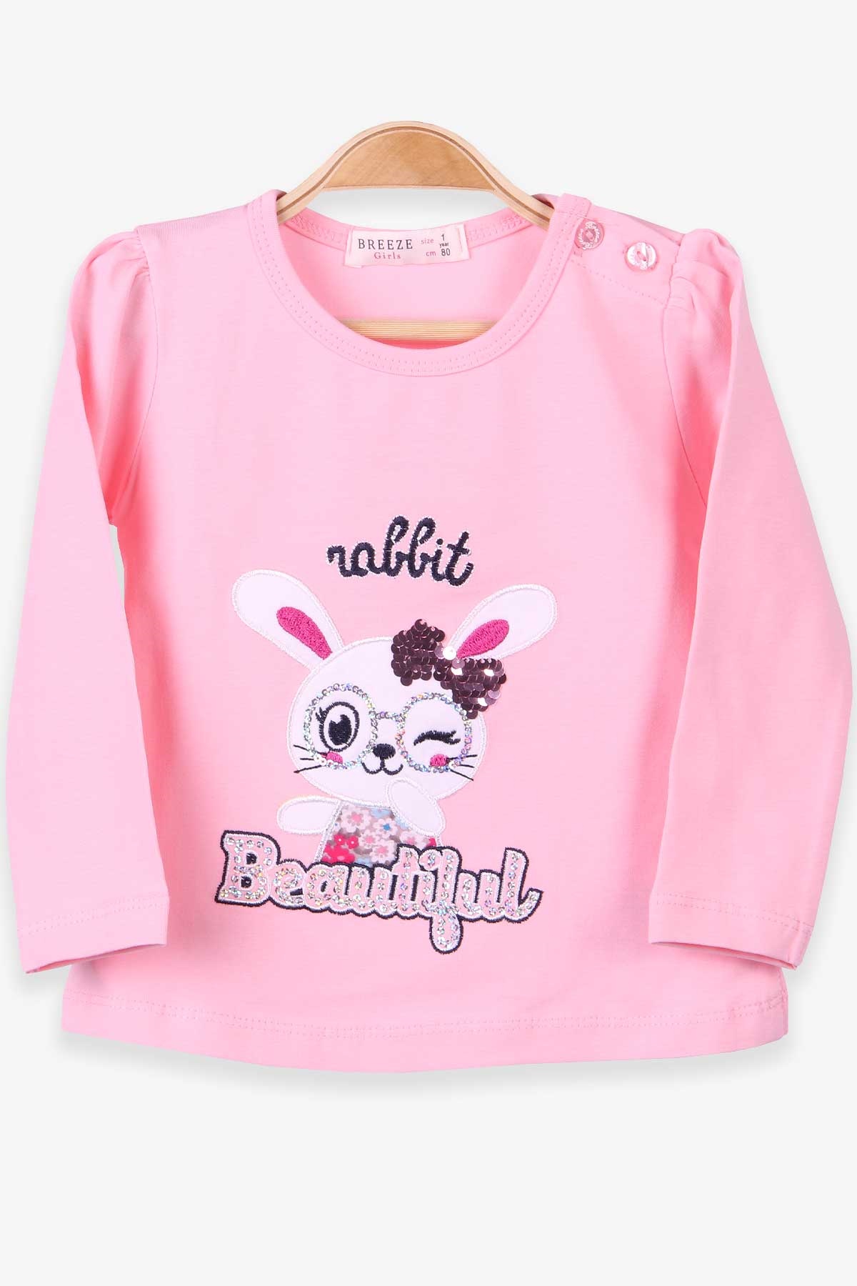 Breeze Kız Bebek Uzun Kollu Tişört Tavşan Nakışlı Pudra (9 Ay-3 Yaş)