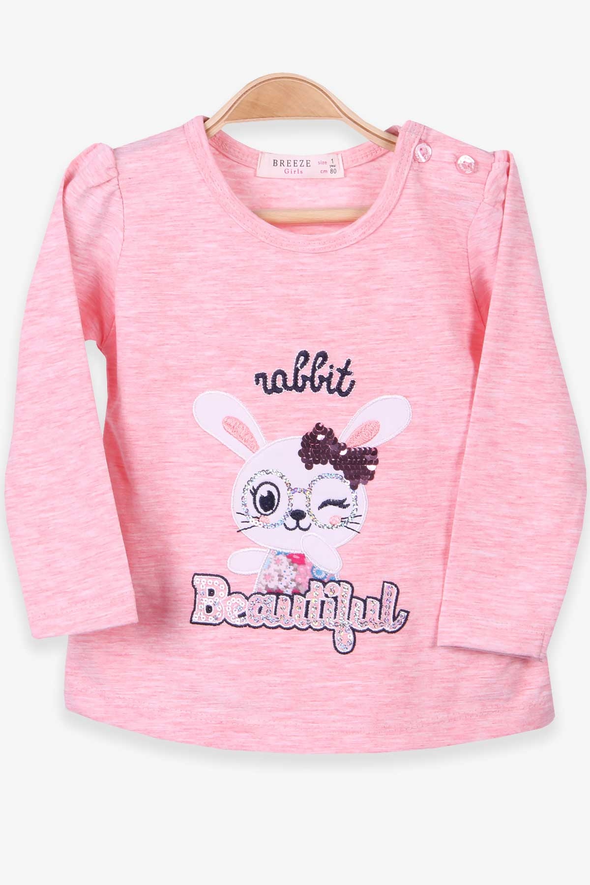 Breeze Kız Bebek Uzun Kollu Tişört Tavşan Nakışlı Somon Melanj (9 Ay-3 Yaş)