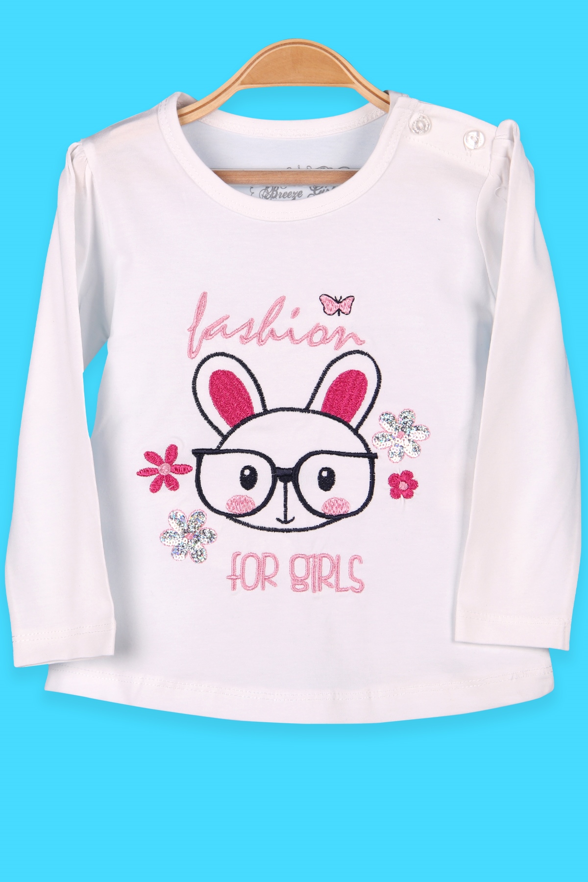 Breeze Kız Bebek Uzun Kollu Tişört Tavşan Desenli Beyaz (9 Ay-3 Yaş)