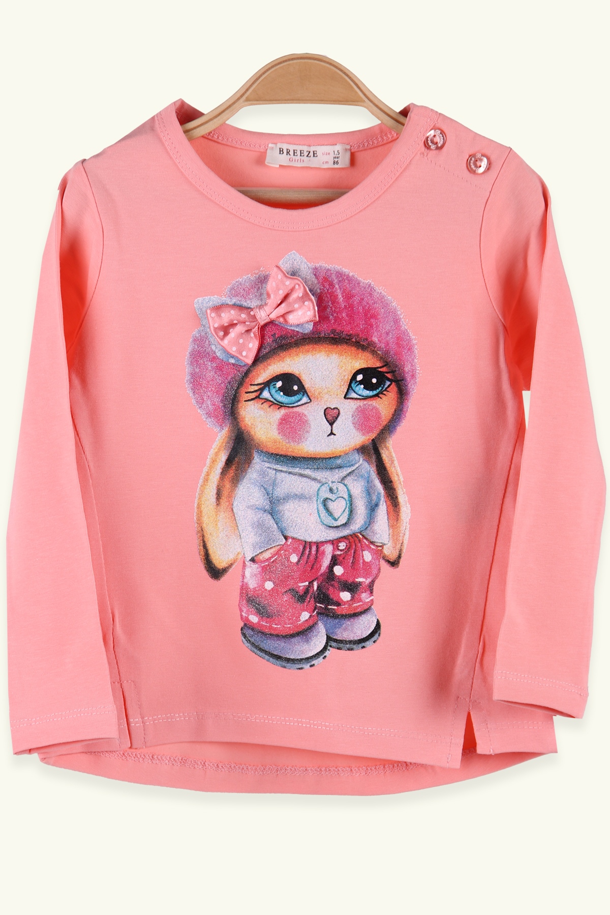 Breeze Kız Bebek Uzun Kollu Tişört Tavşan Baskılı Fiyonklu Somon (1.5-5 Yaş)