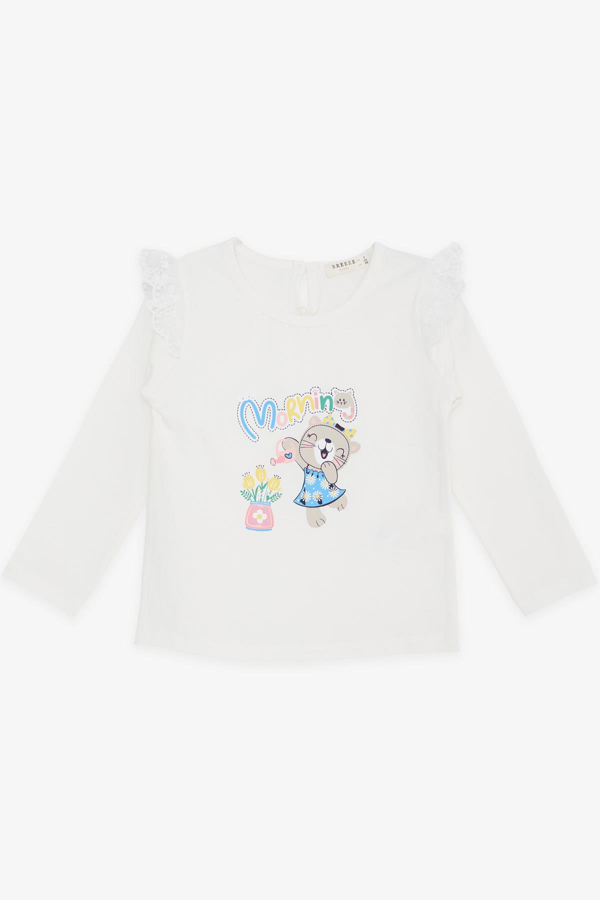 Breeze Kız Bebek Uzun KolluTişört Neşeli Kedicik Baskılı Nakış Güpürlü Ekru (9 Ay-3 Yaş)