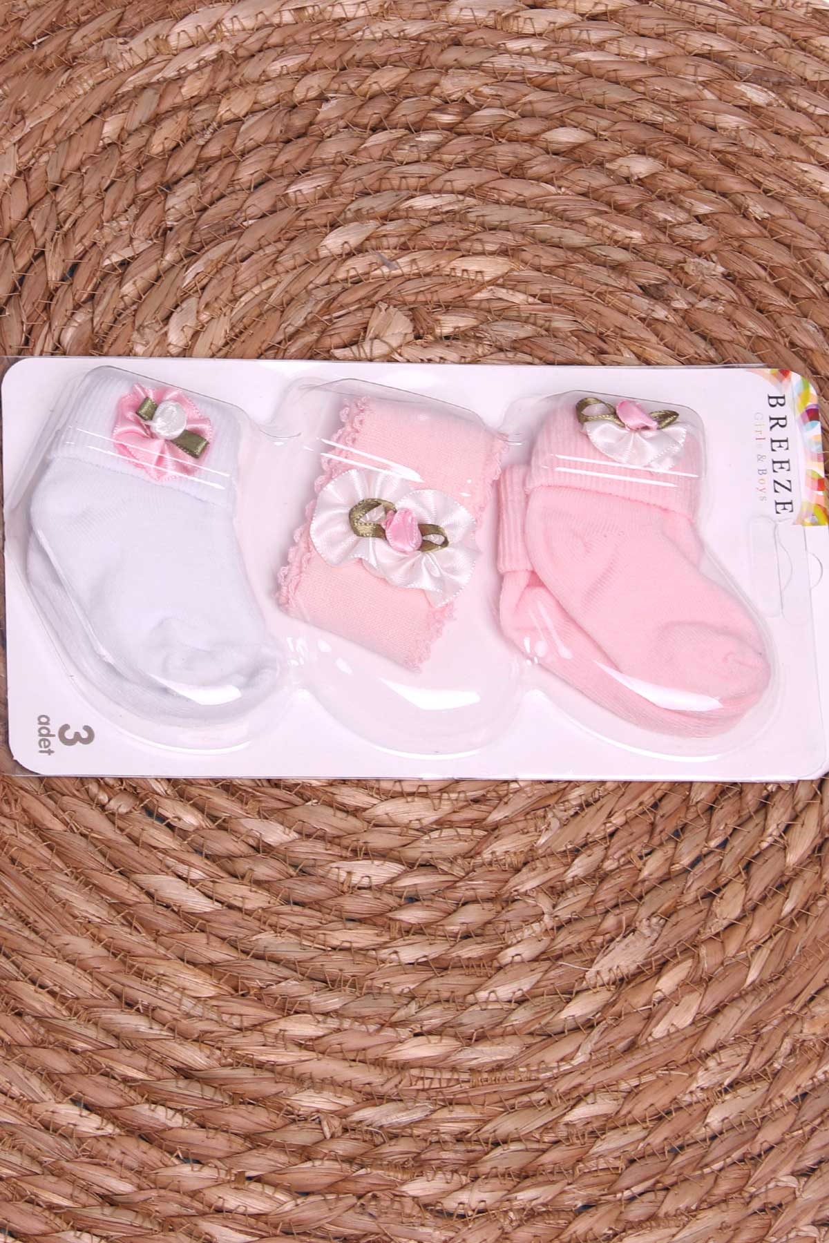 Breeze Kız Bebek Yenidoğan Çorap 3 lü Bandanalı Karışık Renk