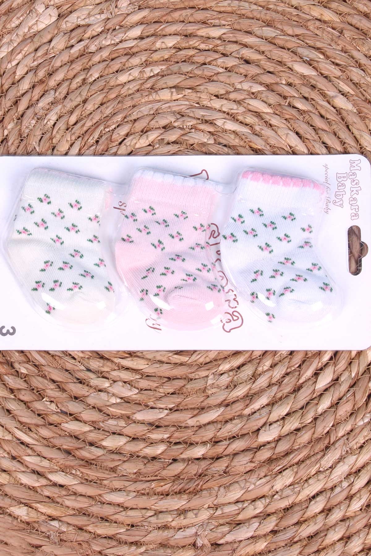 Breeze Kız Bebek Yenidoğan Çorap 3 lü Çiçek Desenli Karışık Renk (Yenidoğan)