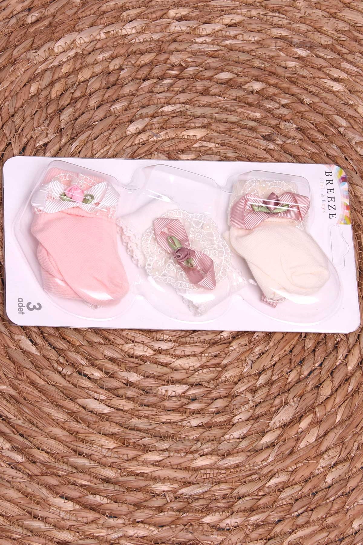 Breeze Kız Bebek Yenidoğan Çorap 3 lü Bandanalı Karışık Renk