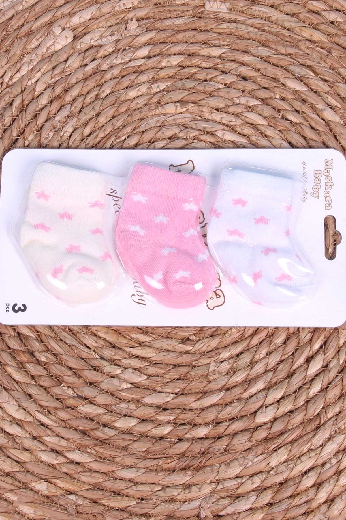 Breeze Kız Bebek Yenidoğan Çorap 3 lü Yıldız Desenli Karışık Renk (Yenidoğan)