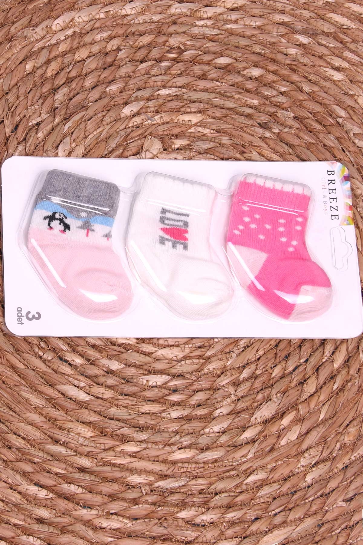 Breeze Kız Bebek Yenidoğan Çorap 3 lü Desenli Karışık Renk