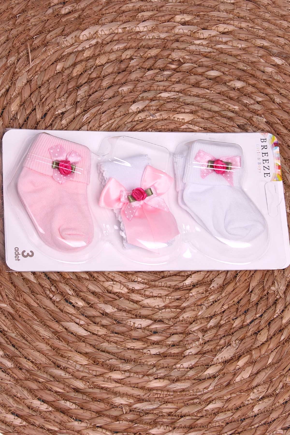Breeze Kız Bebek Yenidoğan Çorap 3 lü Bandanalı Karışık Renk