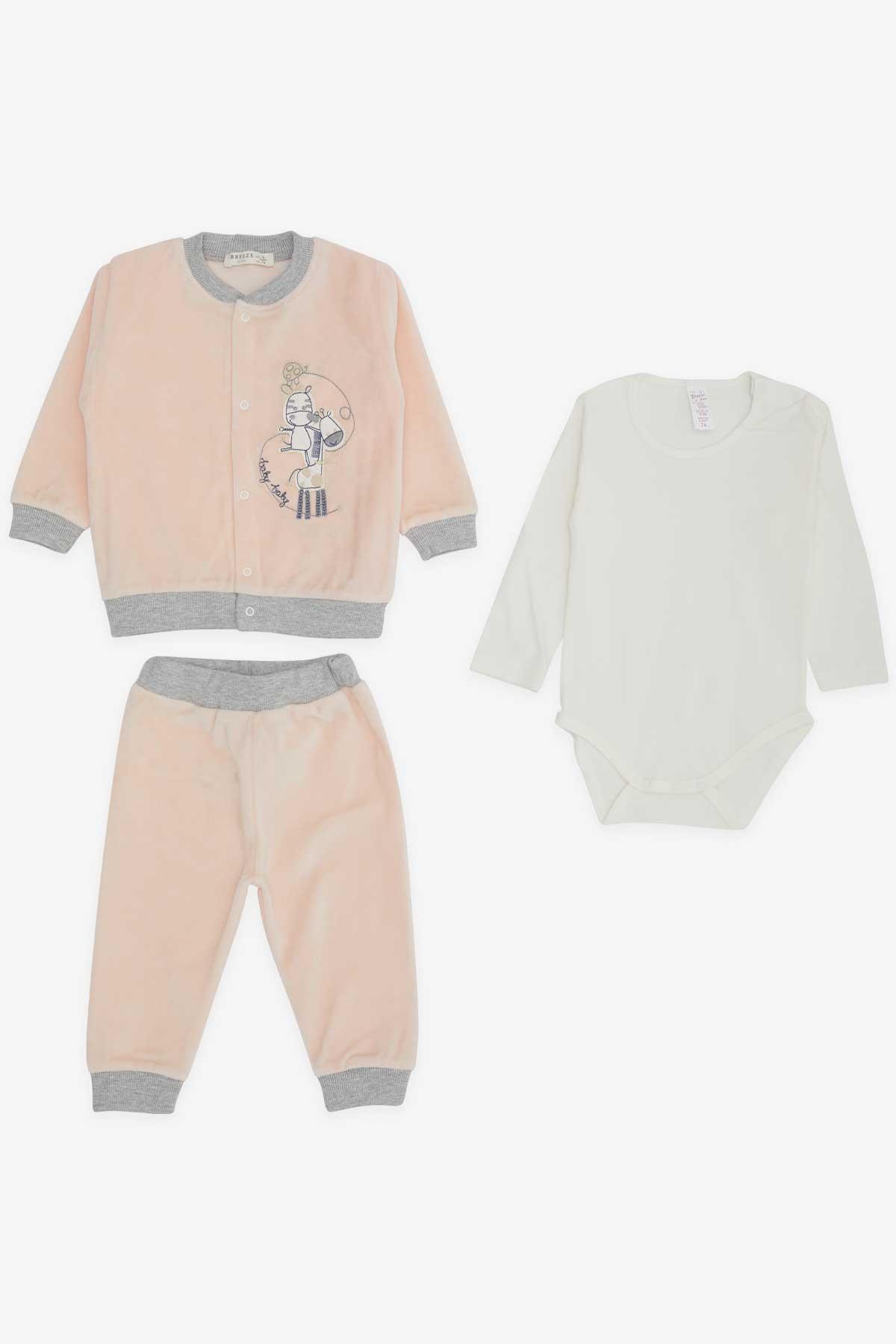 Breeze Kiz Bebek Zibinli 3 lü Kadife Takim Zürafa Nakisli Somon (4 Ay)