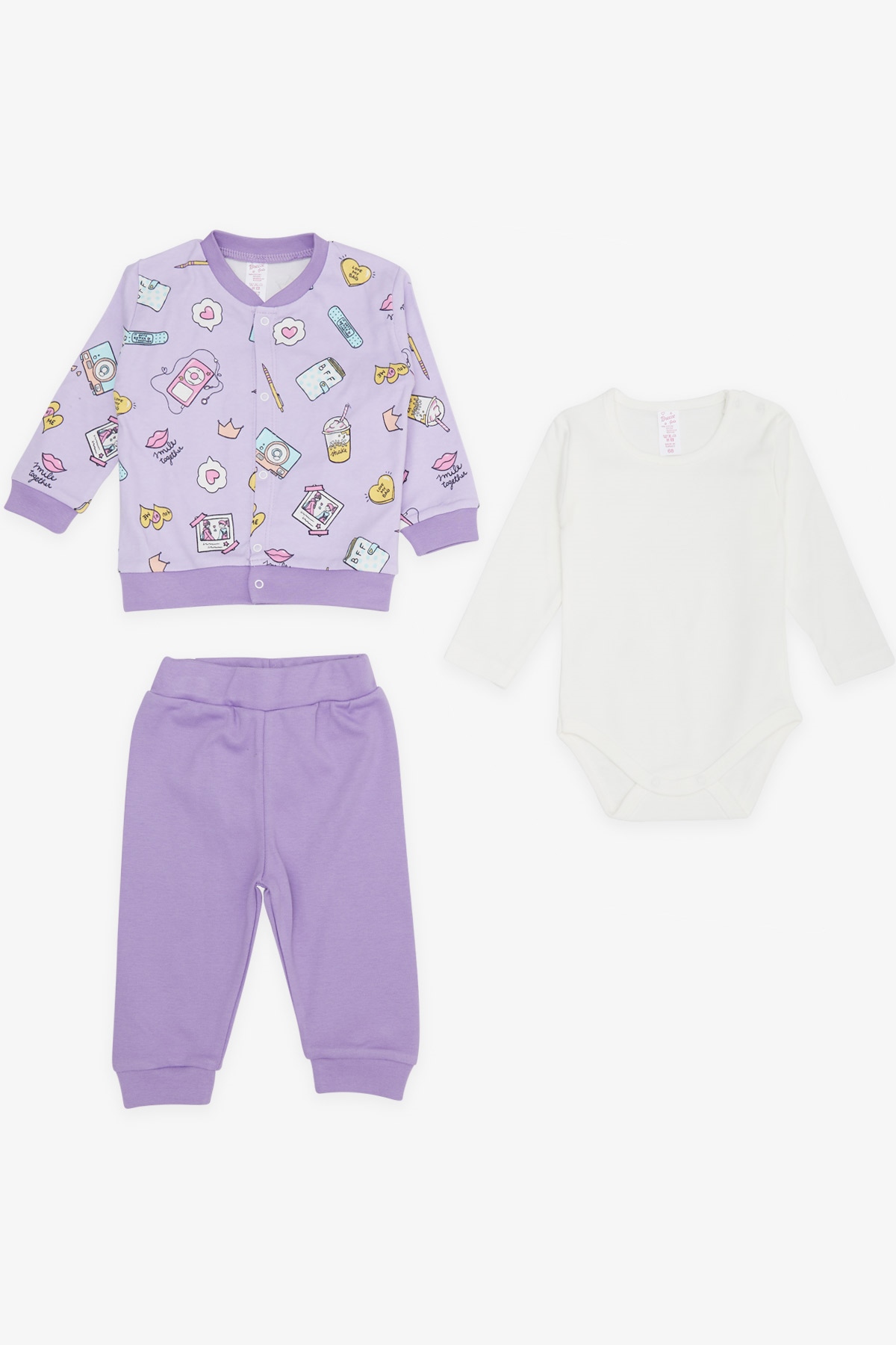Breeze Kız Bebek Zıbınlı 3 lü Takım Aksesuar Desenli Eflatun (4 Ay)