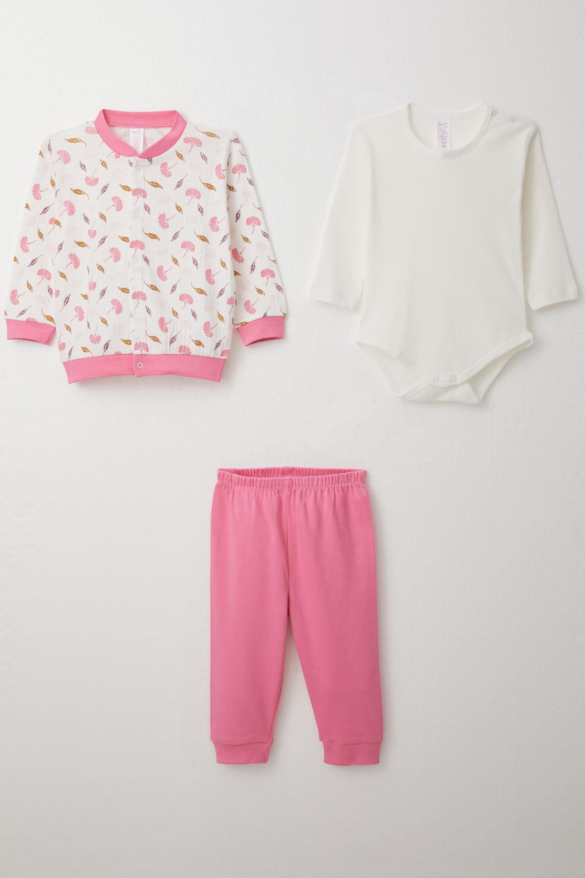 Breeze Kız Bebek Zıbınlı 3 lü Takım Çiçek Desenli Beyaz (4 Ay-1 Yaş)