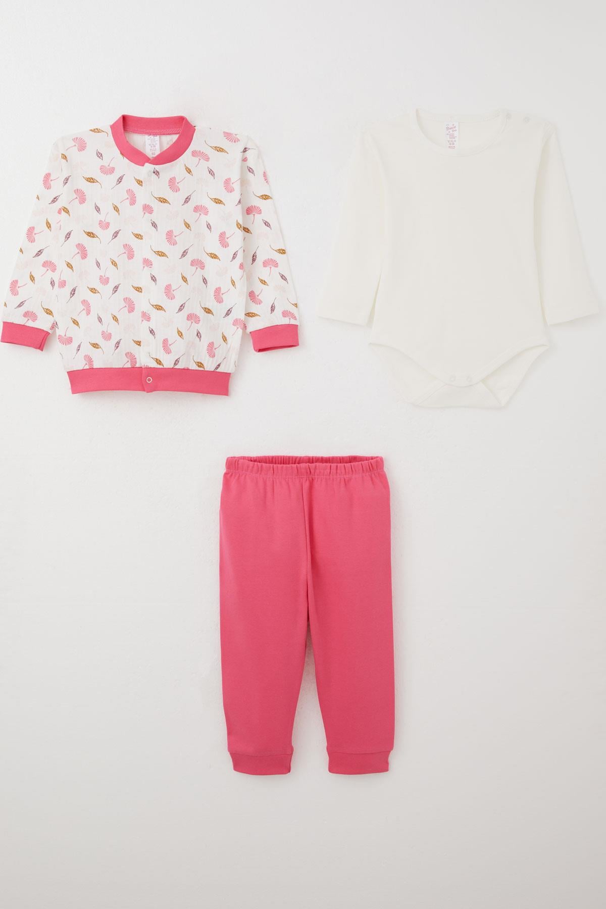 Breeze Kız Bebek Zıbınlı 3 lü Takım Çiçek Desenli Beyaz (4 Ay-1 Yaş)