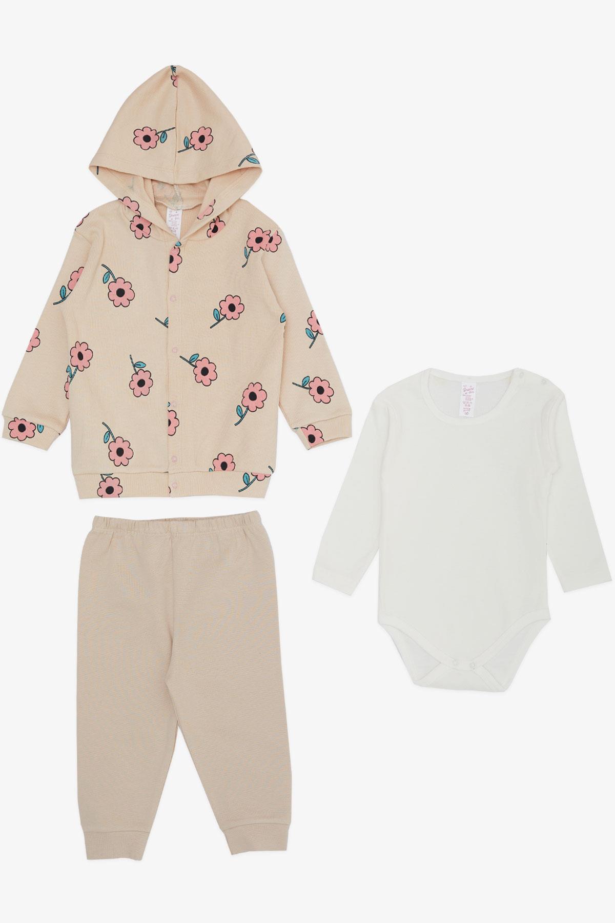 Breeze Kız Bebek Zıbınlı 3 lü Takım Çiçek Desenli Kapüşonlu Bej (4 Ay-1 Yaş)