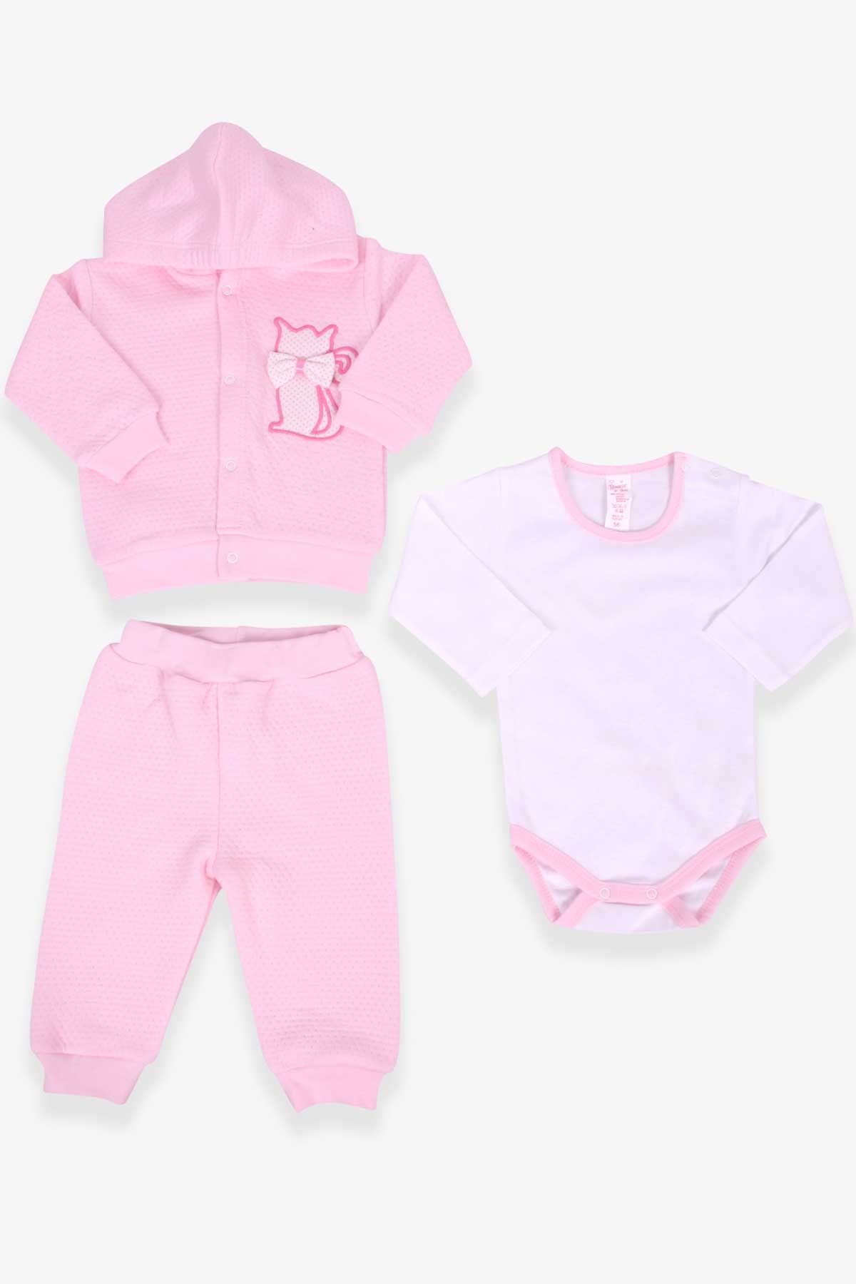 Breeze Kız Bebek Zıbınlı 3 lü Takım Kedi Nakışlı Pudra (0-3 Ay-9 Ay)