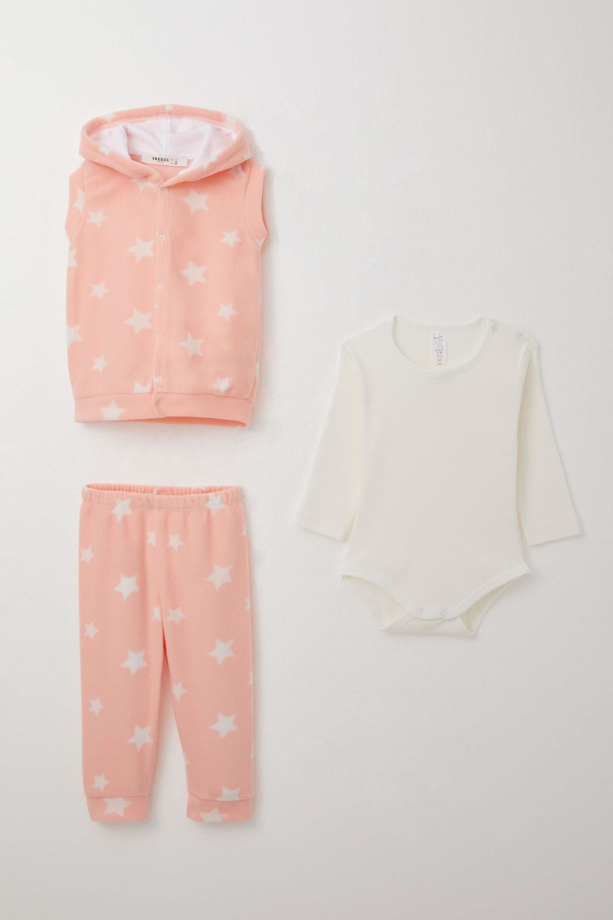 Breeze Kız Bebek Zıbınlı 3 lü Takım Polar Yıldız Desenli Somon (4 Ay-1 Yaş)