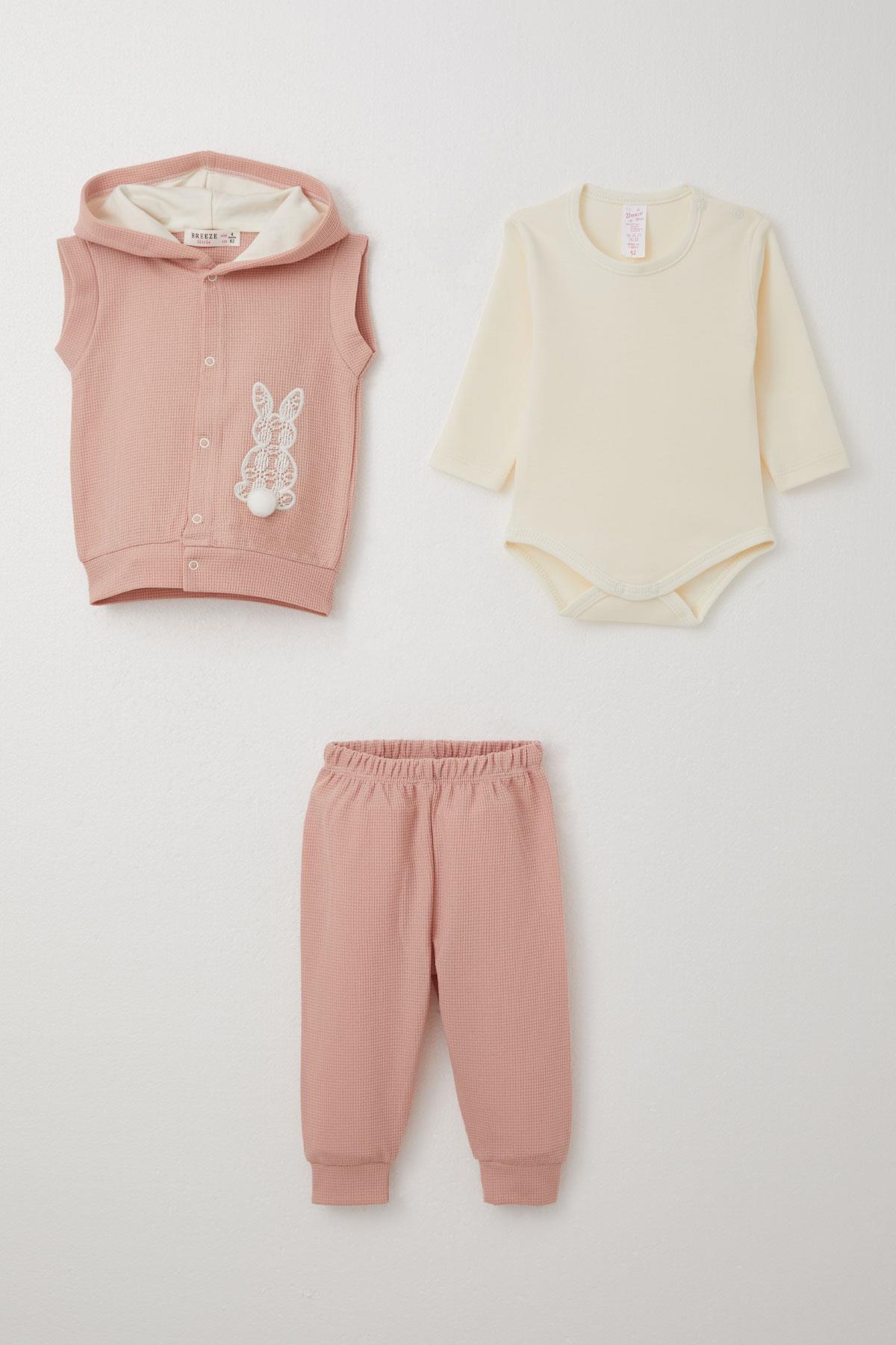 Breeze Kız Bebek Zıbınlı 3 lü Takım Tavşan Nakışlı Ponponlu Gülkurusu (4 Ay-1 Yaş)