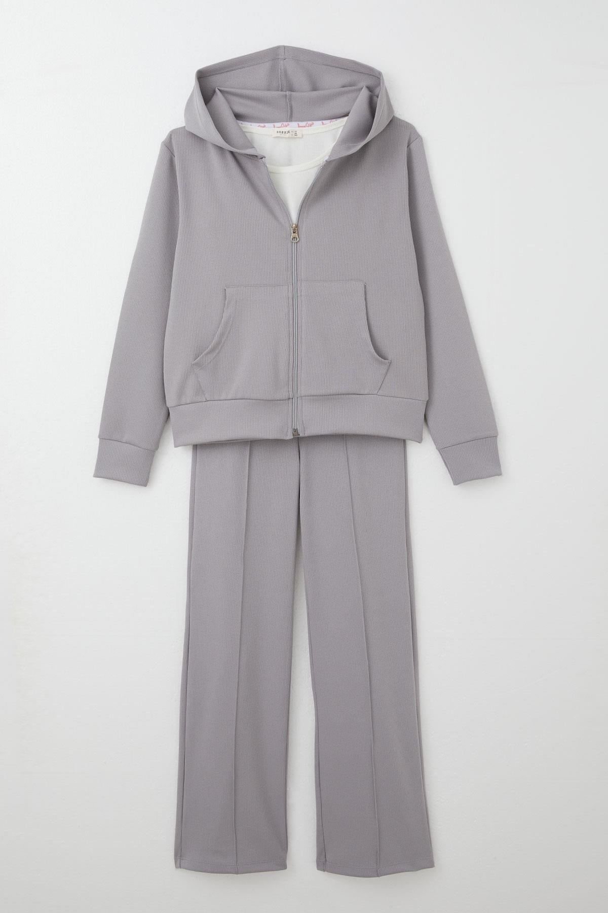 Breeze Kız Çocuk 3 lü Pantolonlu Takım Kapüşonlu Gri (9-14 Yaş)
