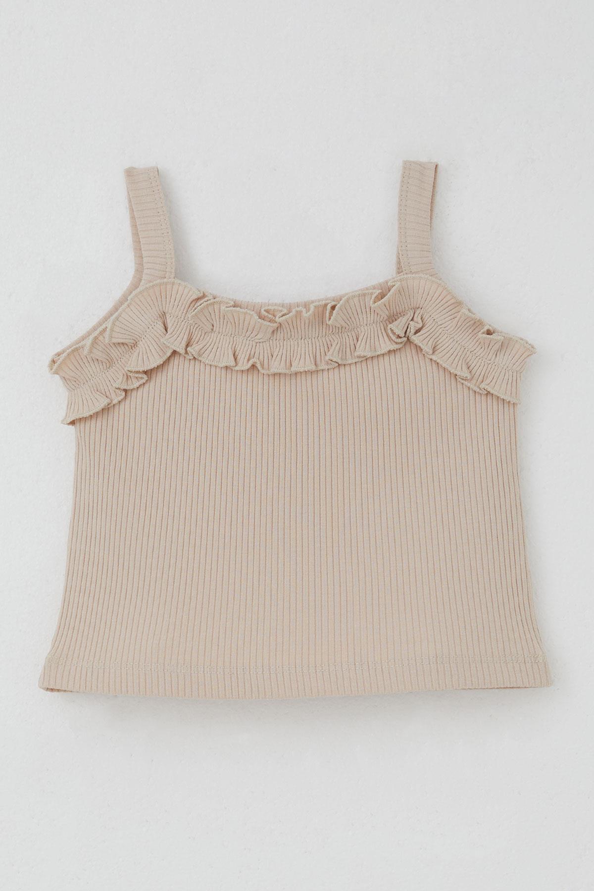 Breeze Kız Çocuk Askılı Crop Tişört Fırfır Detaylı Bej (8-14 Yaş)