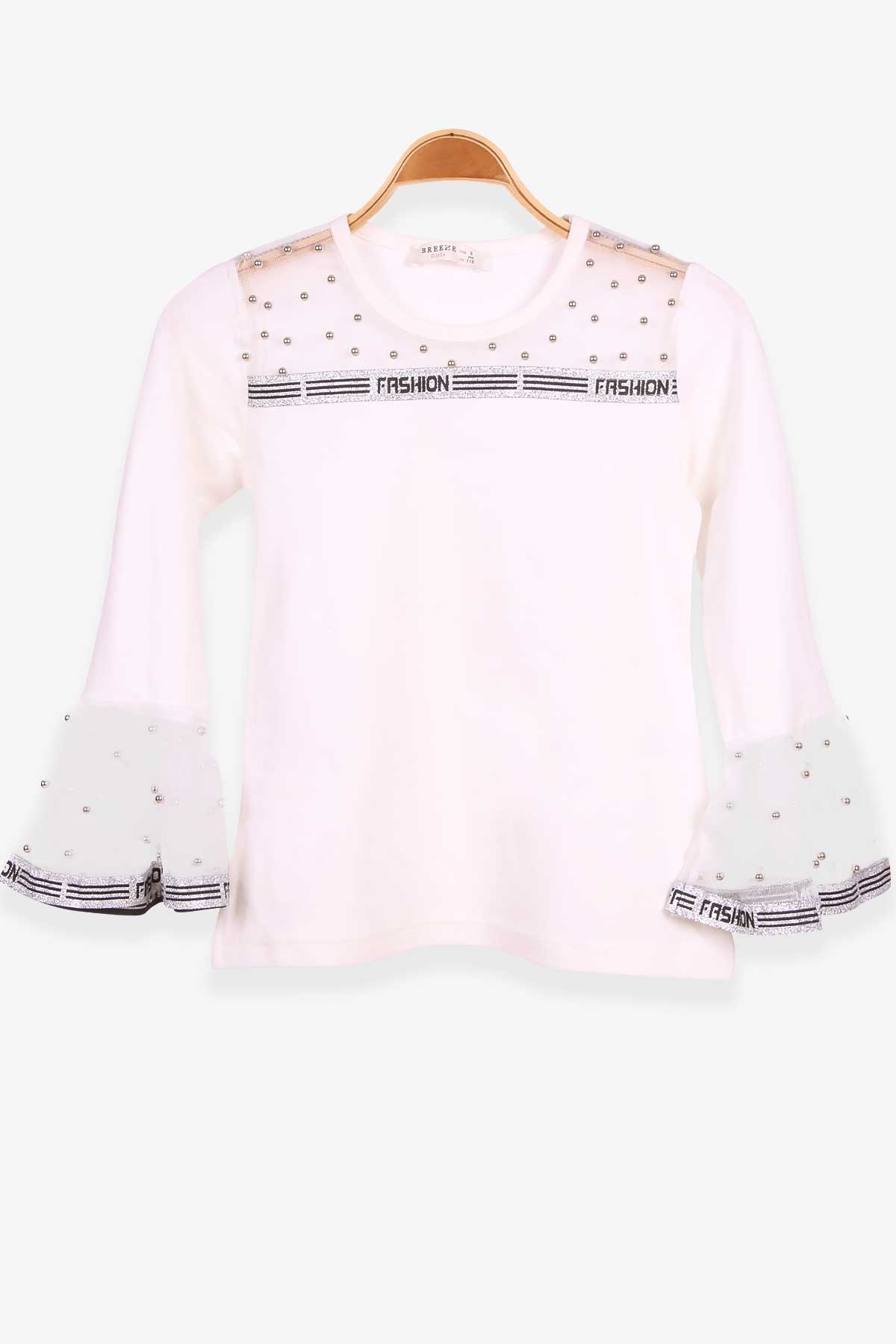 Breeze Kız Çocuk Bluz Taşlı Kolu Volanlı Krem(6-10 Yaş)