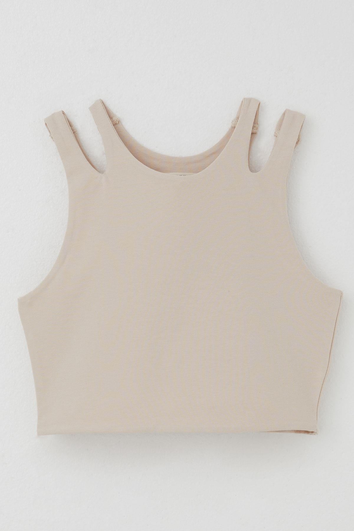 Breeze Kız Çocuk Crop Tişört Çift Askı Omuz Detaylı Bej (9-16 Yaş)