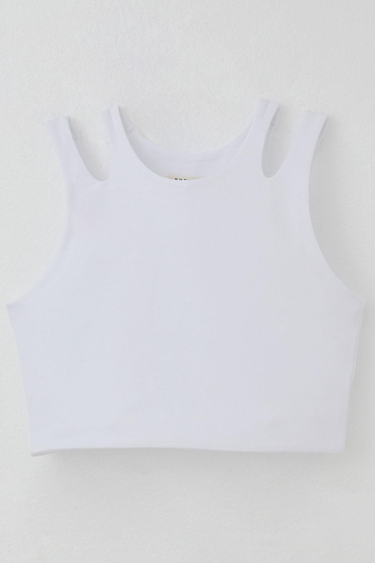 Breeze Kız Çocuk Crop Tişört Çift Askı Omuz Detaylı Beyaz (10-16 Yaş)