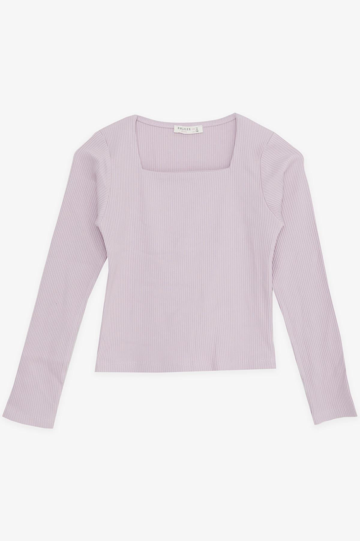 Breeze Kız Çocuk Crop Tişört Fitilli Kare Yaka Açık Lila (9-14 Yaş)
