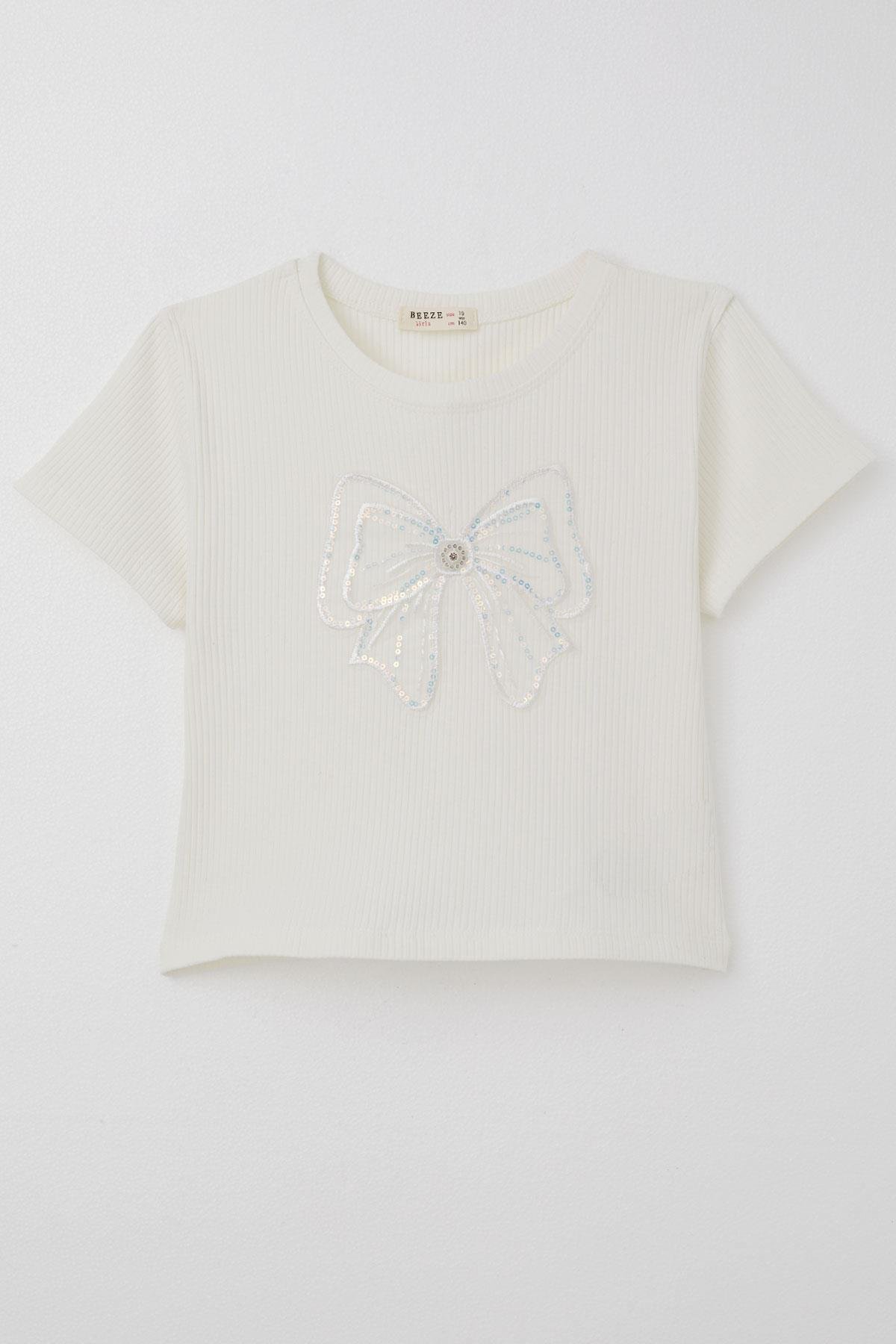 Breeze Kız Çocuk Crop Tişört Fiyonk Arma Aksesuarlı Ekru (9-14 Yaş)