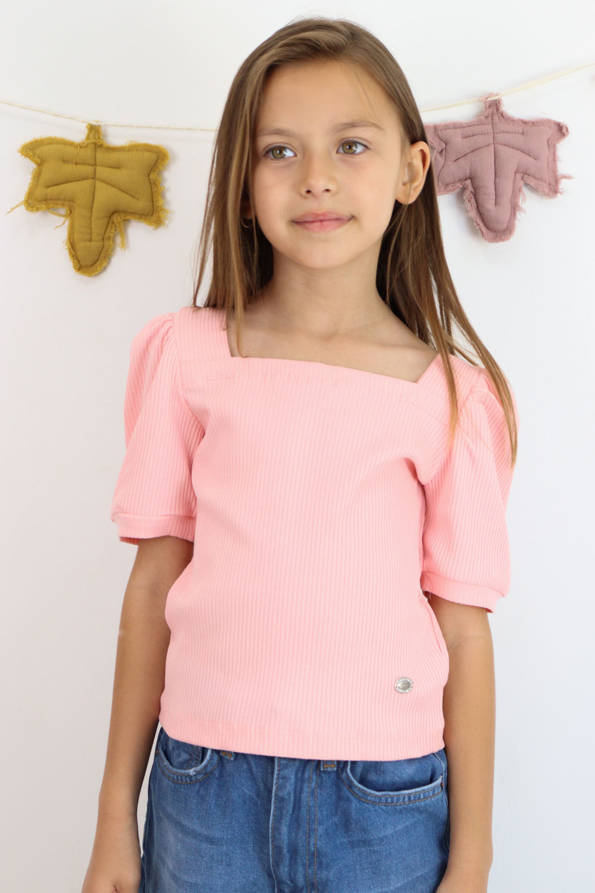Breeze Kız Çocuk Crop Tişört Kare Yaka Somon (8-14 Yaş)