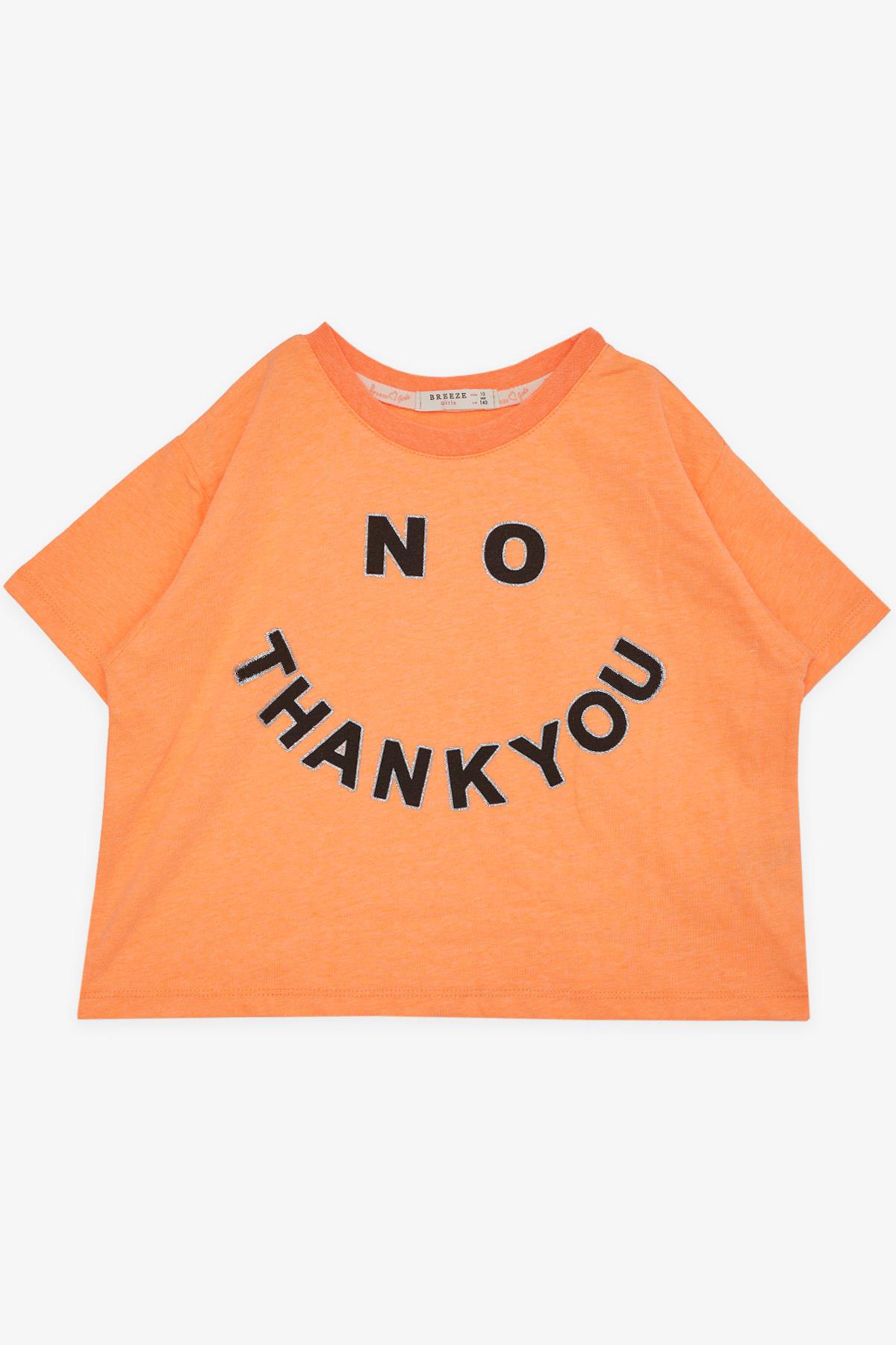 Breeze Kız Çocuk Crop Tişört Simli Yazı Baskılı Neon Turuncu (9-14 Yaş)