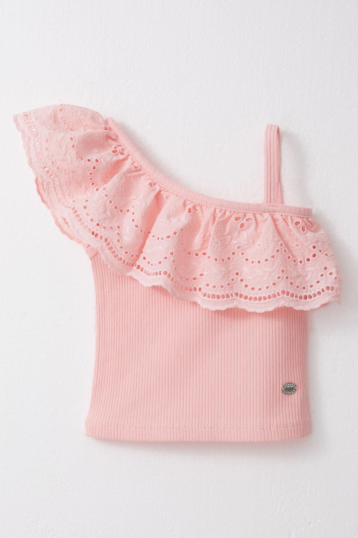 Breeze Kız Çocuk Crop Tişört Tek Omuzlu Güpür Detaylı Somon (2-6 Yaş)