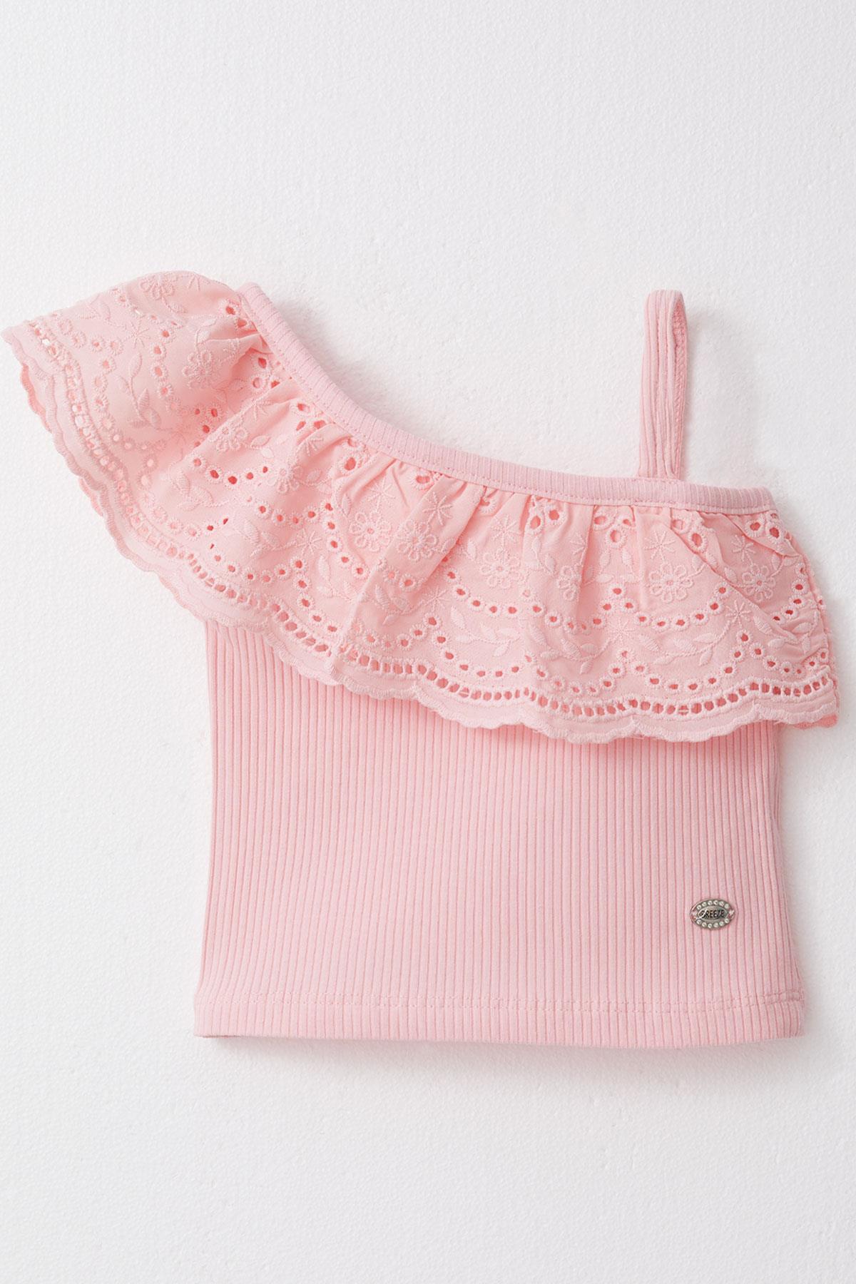 Breeze Kız Çocuk Crop Tişört Tek Omuzlu Güpür Detaylı Pembe (2-6 Yaş)