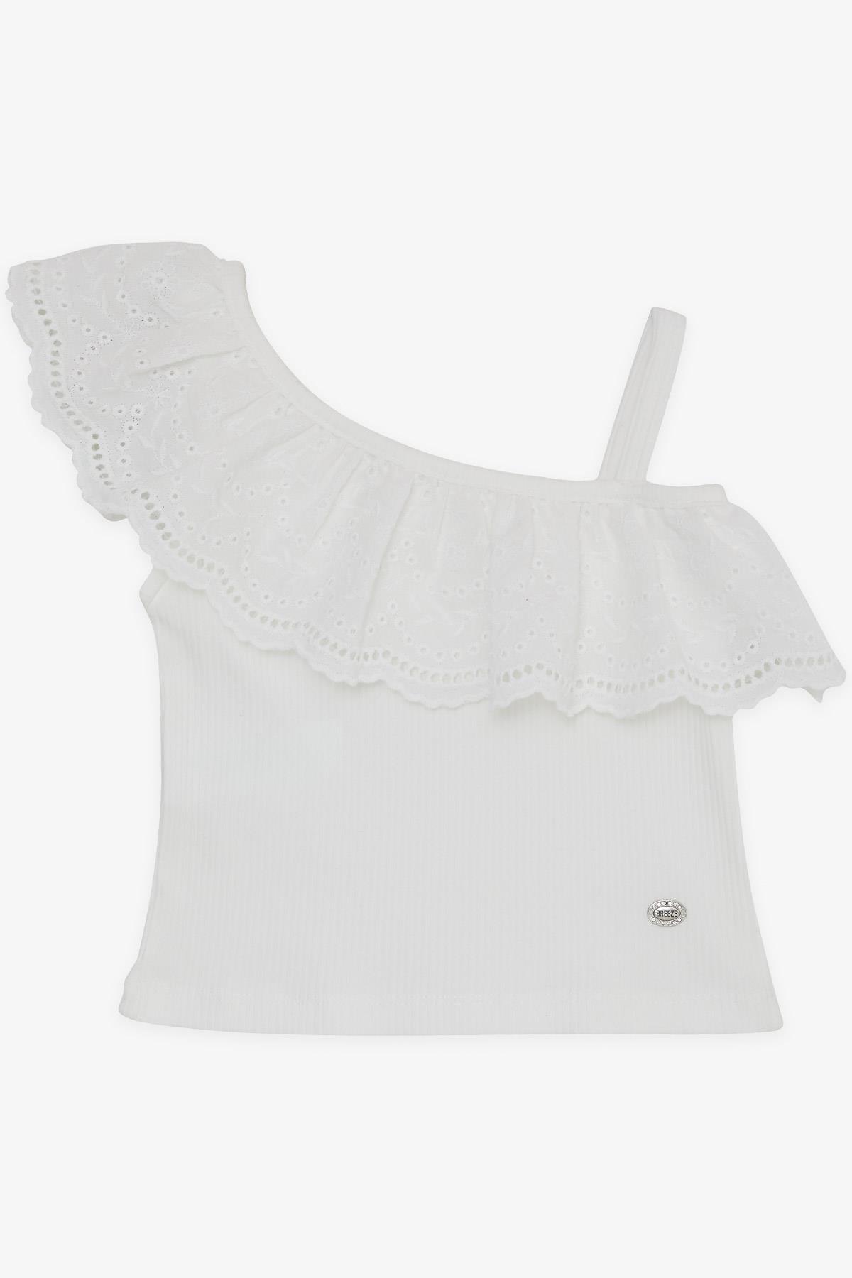 Breeze Kız Çocuk Crop Tişört Tek Omuzlu Güpür Detaylı Beyaz (2-6 Yaş)