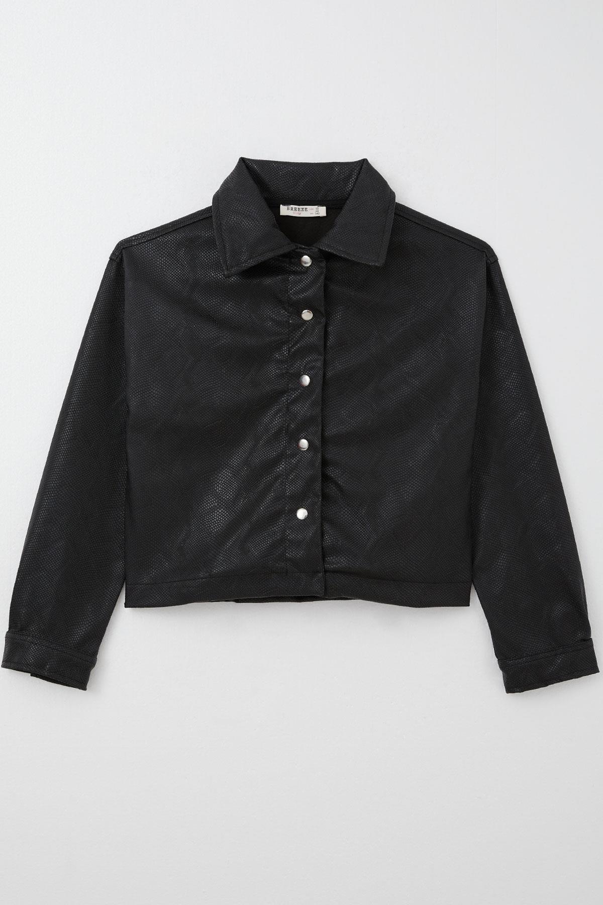 Breeze Kız Çocuk Deri Ceket Çıtçıtlı Desenli Siyah (9-14 Yaş)