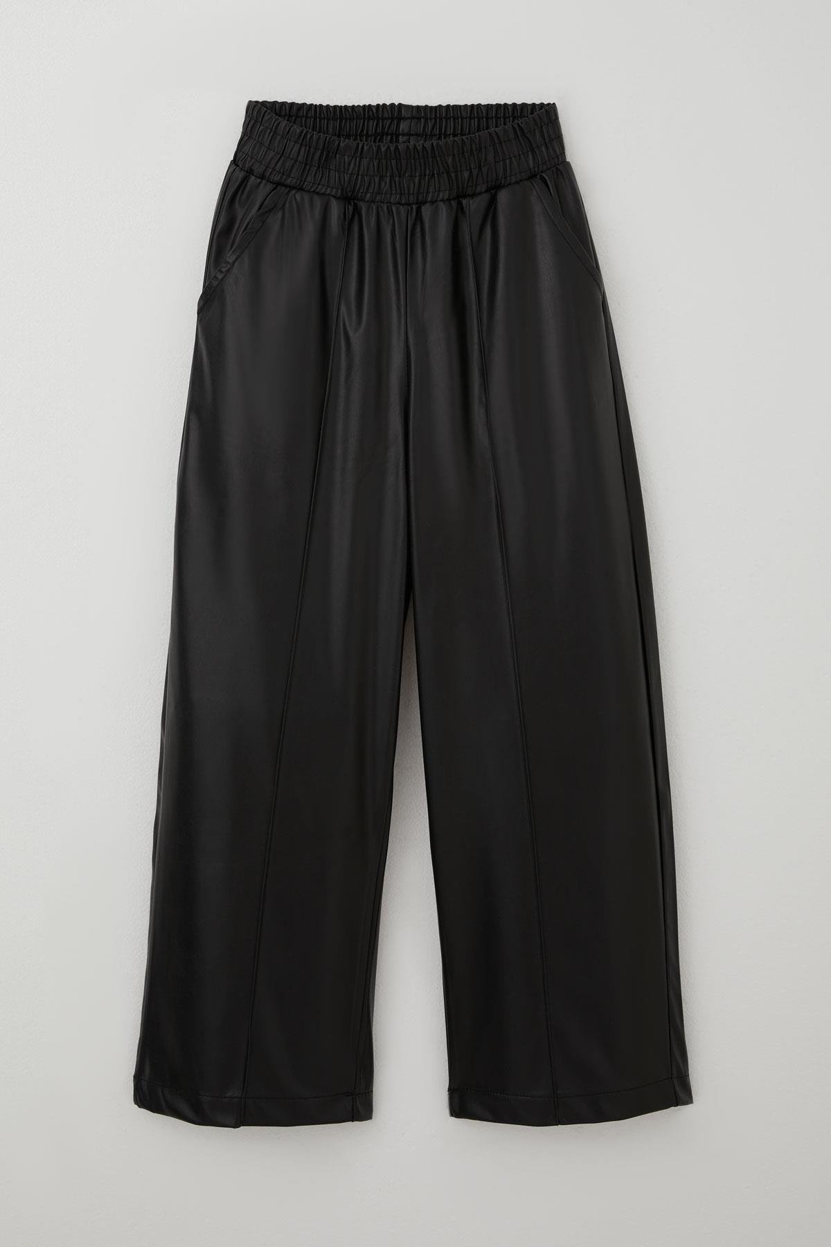 Breeze Kız Çocuk Deri Pantolon Çima Dikiş Detaylı Beli Lastikli Cepli Siyah (8-14 Yaş)