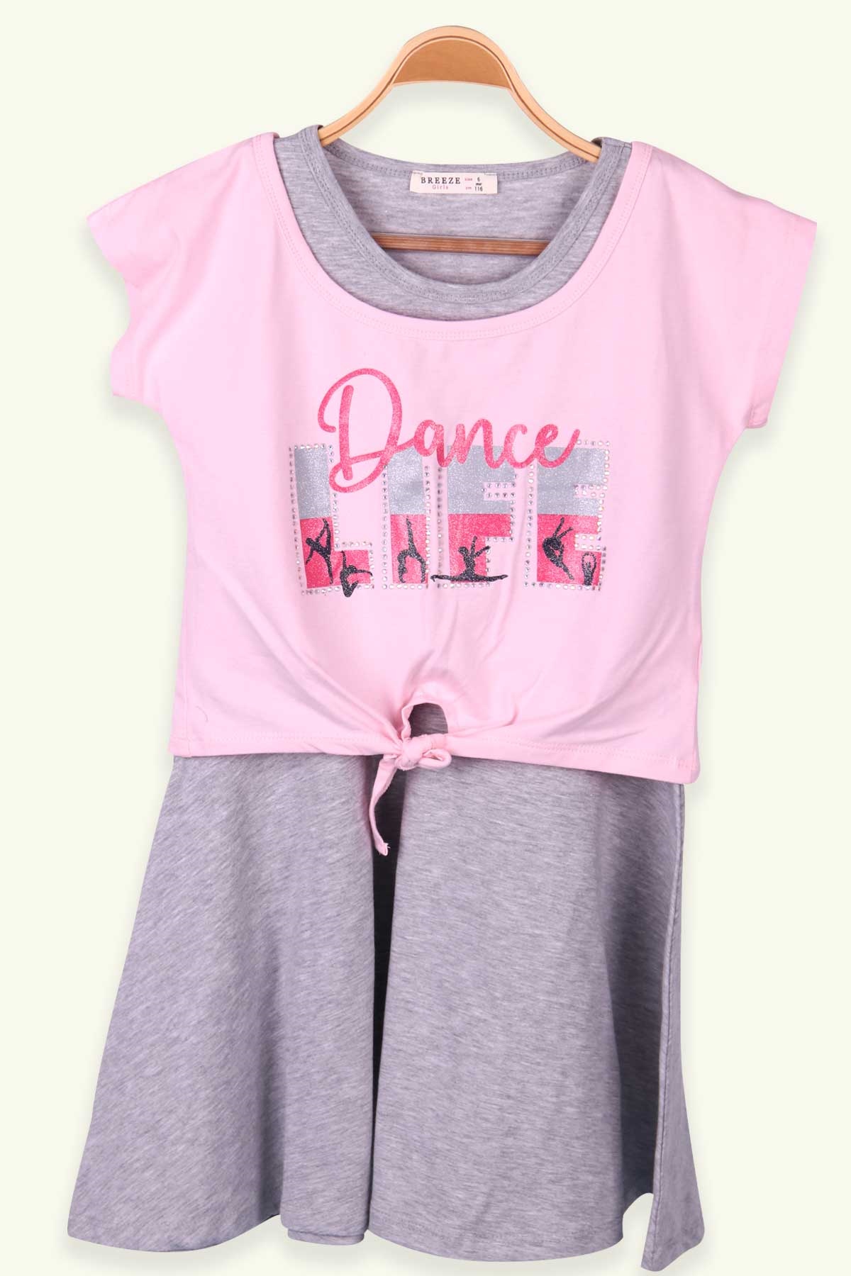Breeze Kız Çocuk Elbise 2 li Baskılı Taşlı Pudra (6-12 Yaş)
