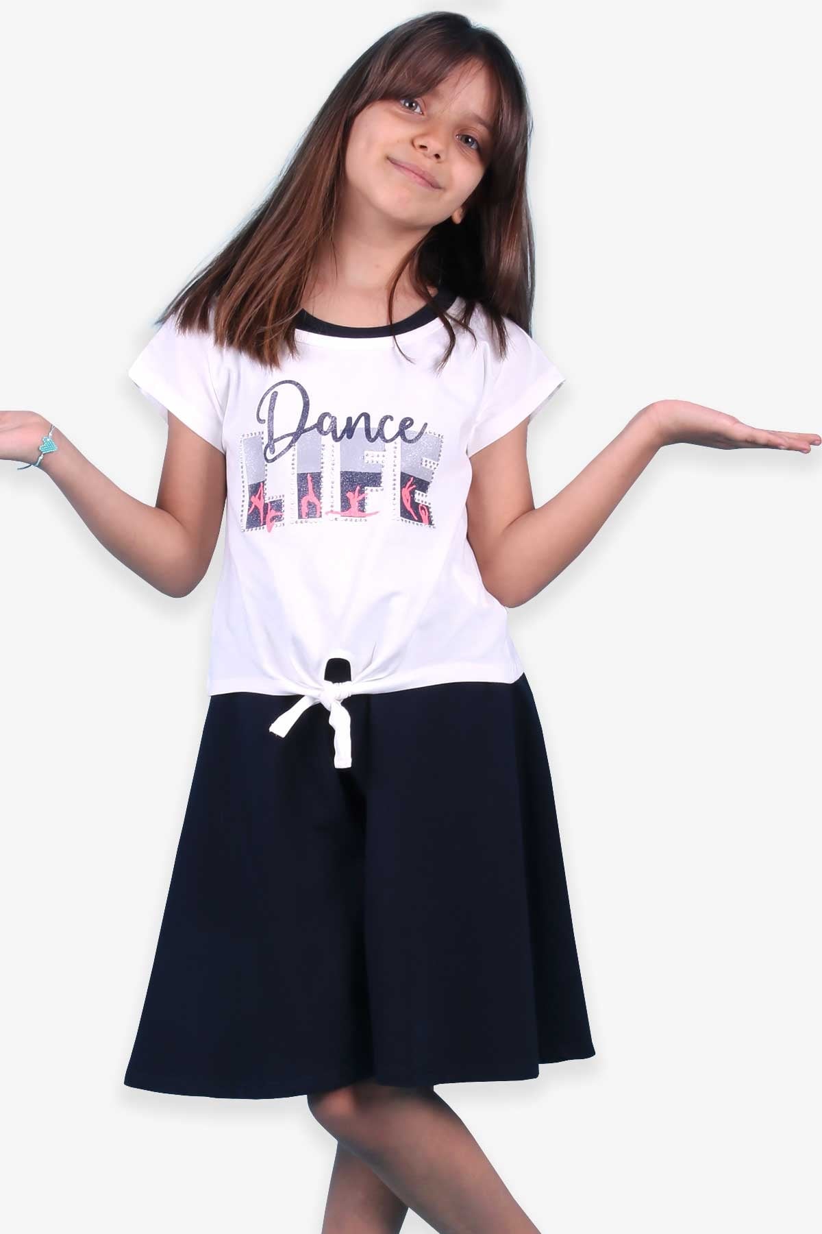 Breeze Kız Çocuk Elbise 2 li Baskılı Taşlı Ekru (6-12 Yaş)