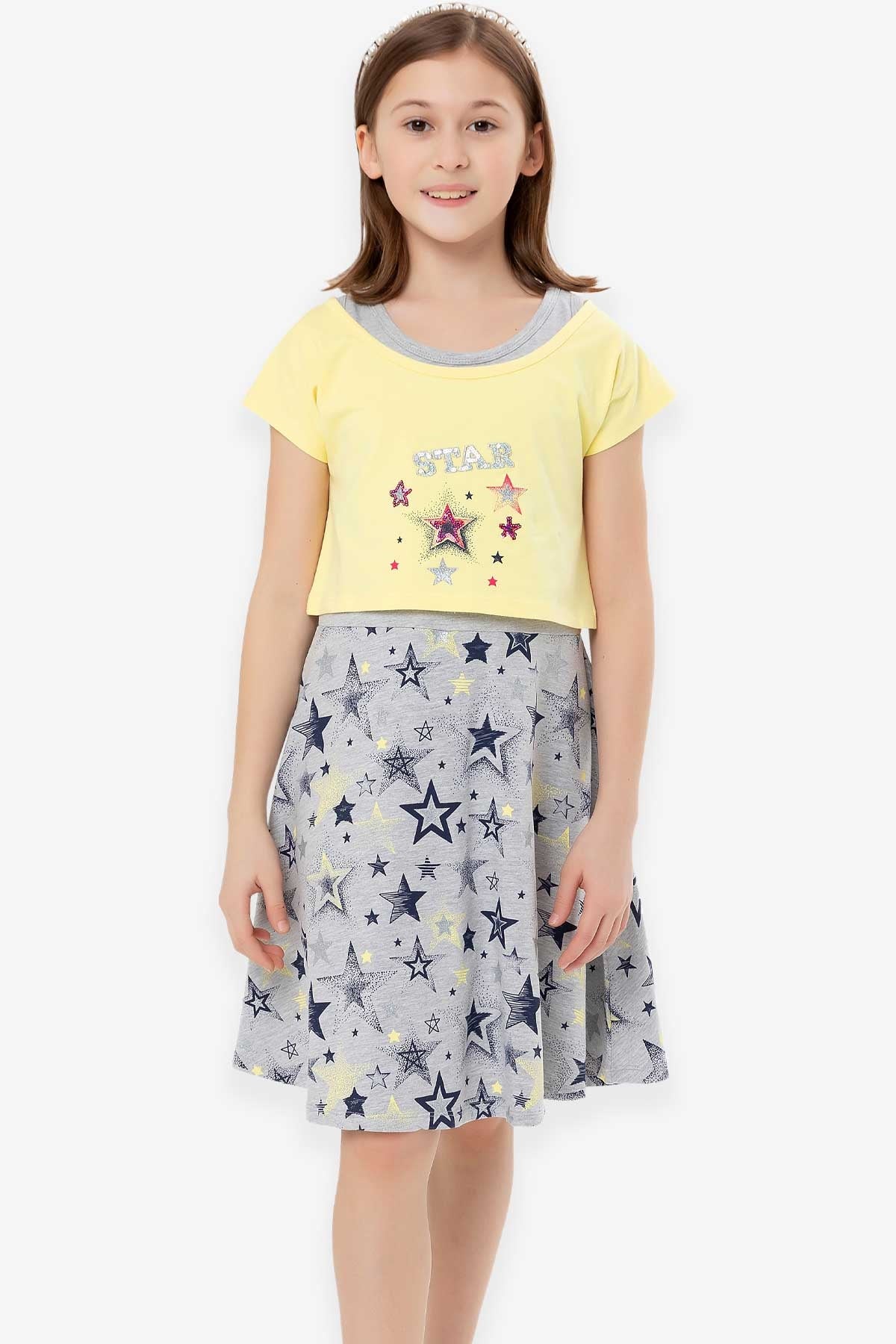 Breeze Kız Çocuk Elbise Bolerolu Pullu Star Yazılı Sarı (5-10 Yaş)