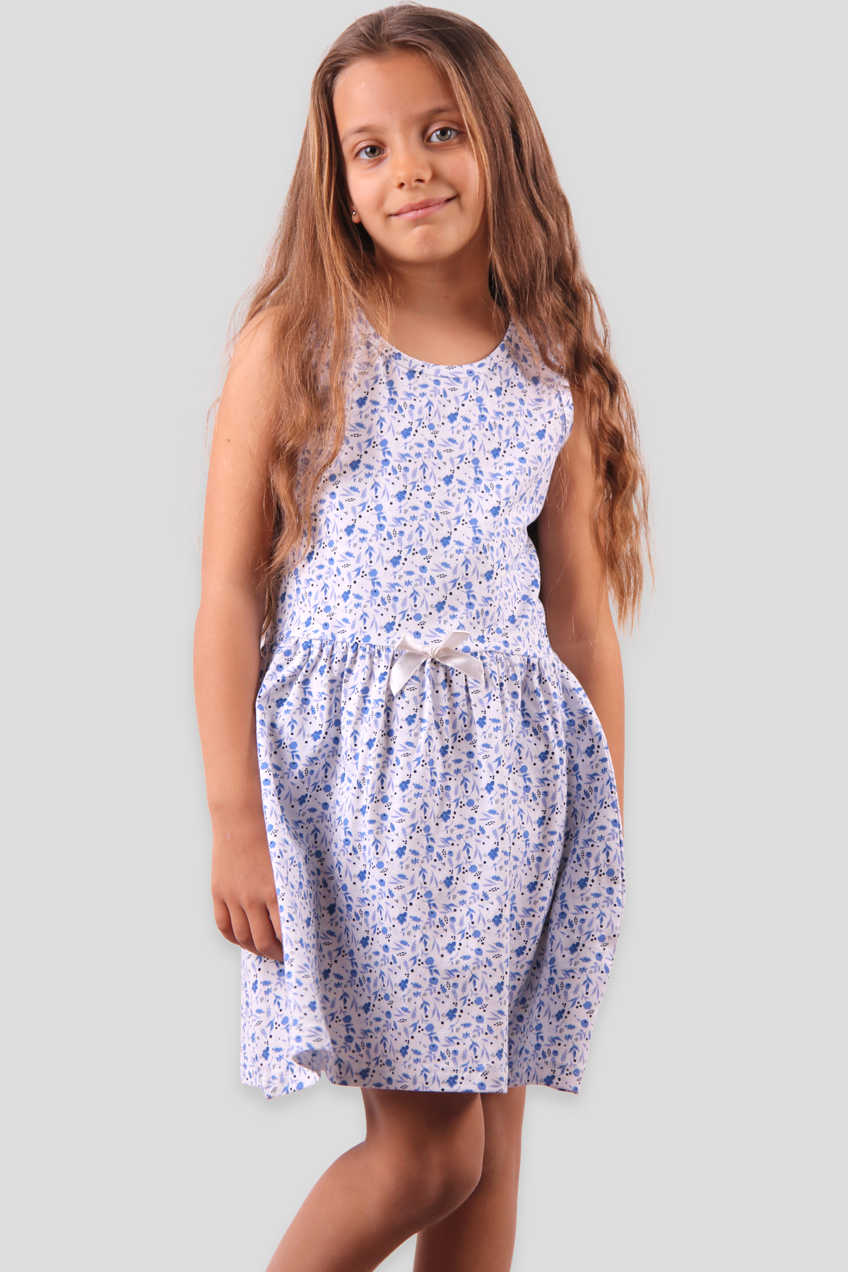 Breeze Kız Çocuk Elbise Çiçek Baskılı Fiyonklu Mavi (6-10 Yaş)