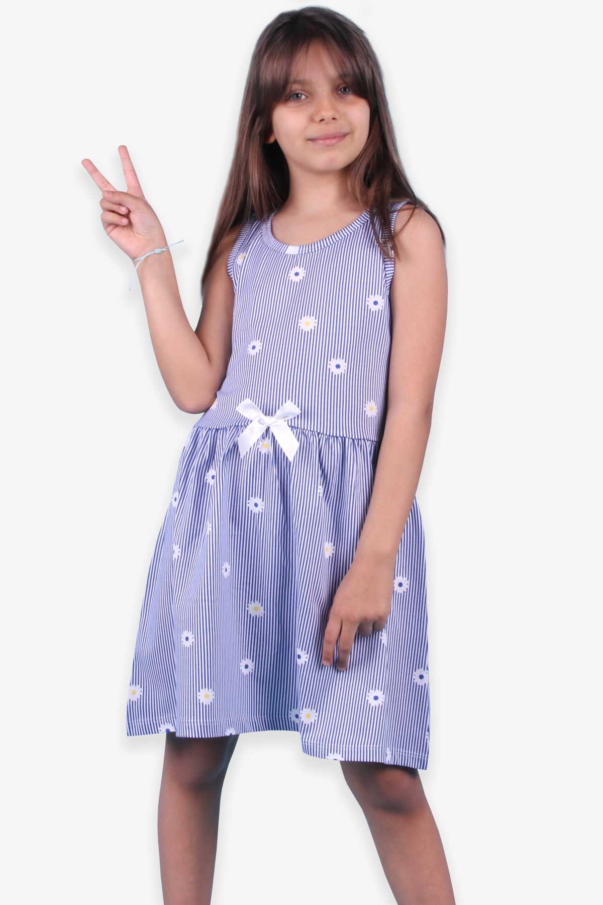 Breeze Kız Çocuk Elbise Çiçek Desenli Çizgili Fiyonklu Saks Mavisi (10 Yaş)