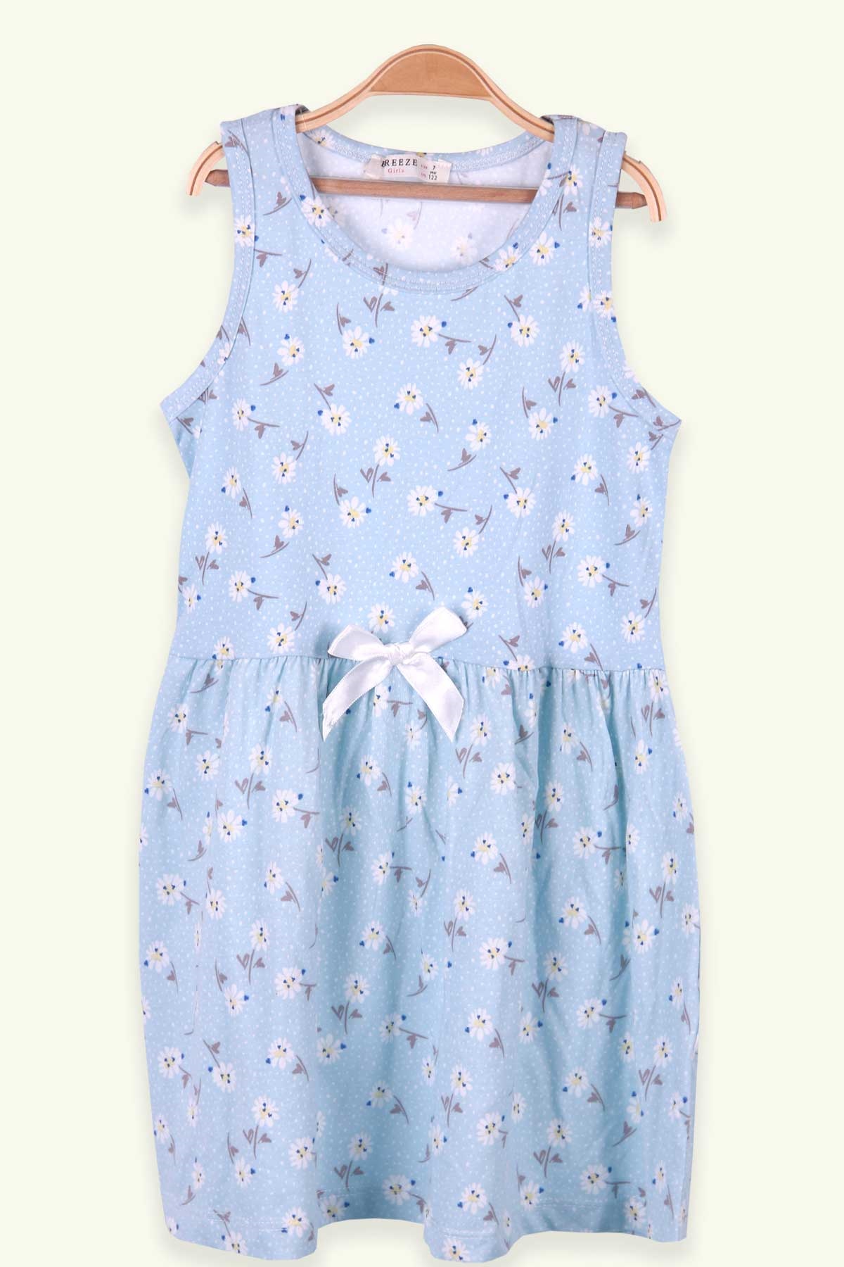 Breeze Kız Çocuk Elbise Çiçek Desenli Fiyonklu Bebe Mavisi (7 Yaş-10 Yaş)
