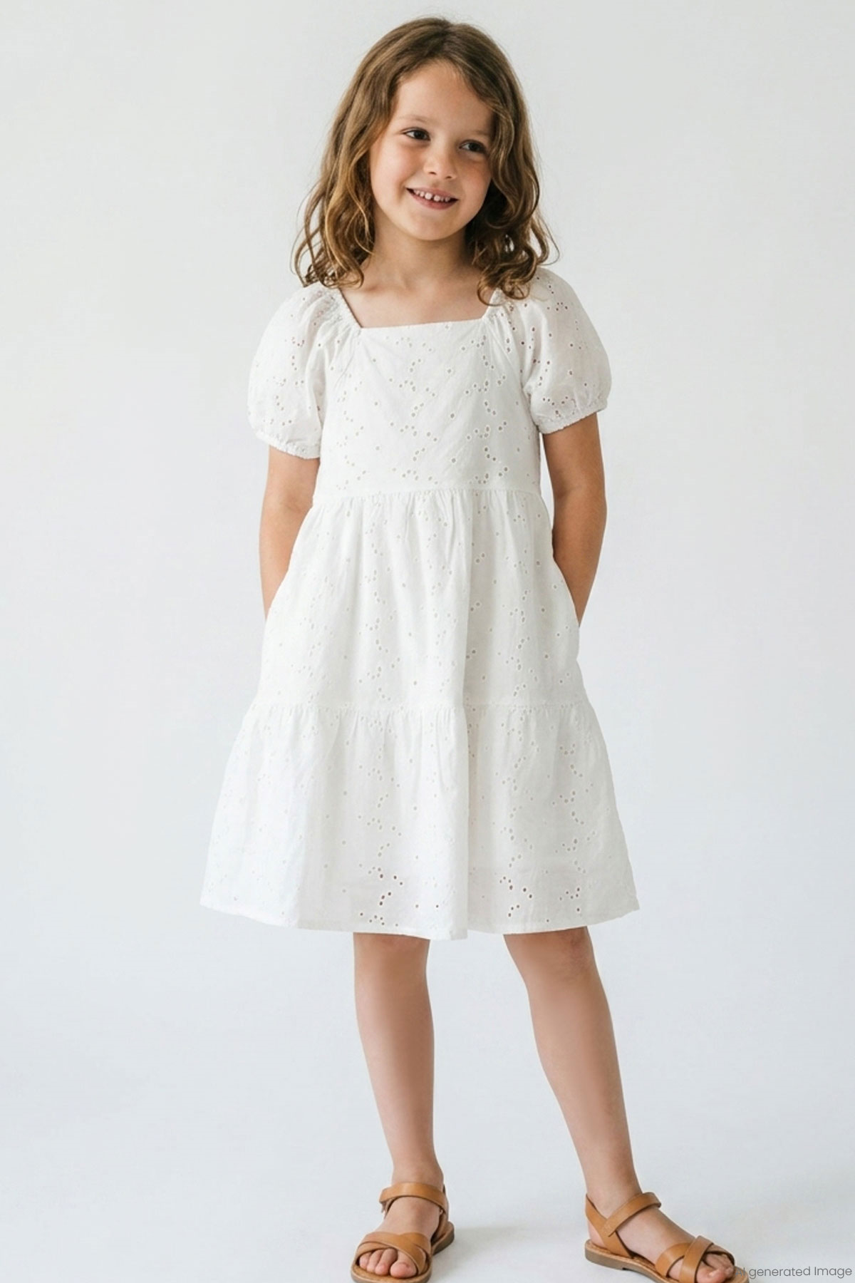Breeze Kız Çocuk Elbise Çiçek Nakış Güpürlü Kolları Lastikli Ekru (6-10 Yaş)
