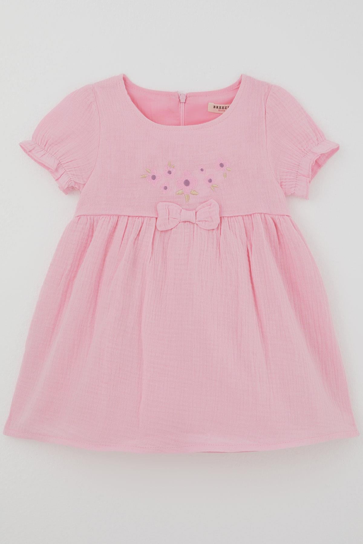 Breeze Kız Çocuk Elbise Çiçek Nakışlı Kolları Lastikli Fiyonk Aksesuarlı Pembe (1-4 Yaş)