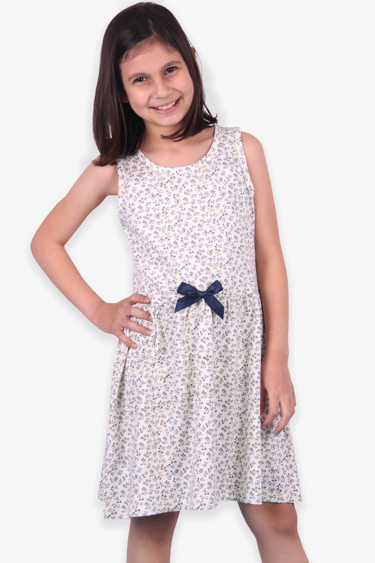 Breeze Kız Çocuk Elbise Çiçekli Desenli Fiyonklu Krem (6-10 Yaş)