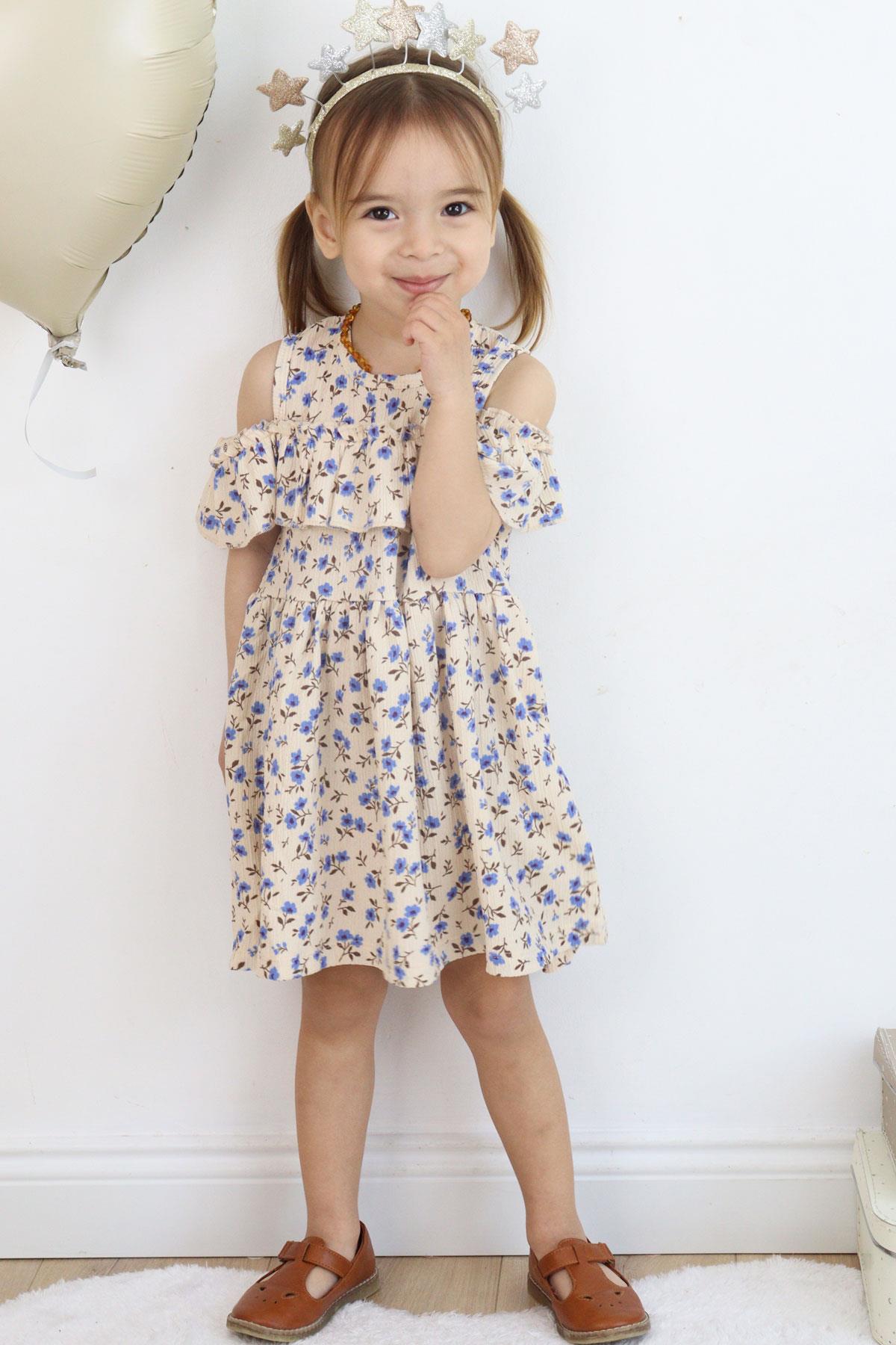 Kız Çocuk Elbise Çiçekli Fırfırlı Arkası Düğmeli Bej (3 Yaş)